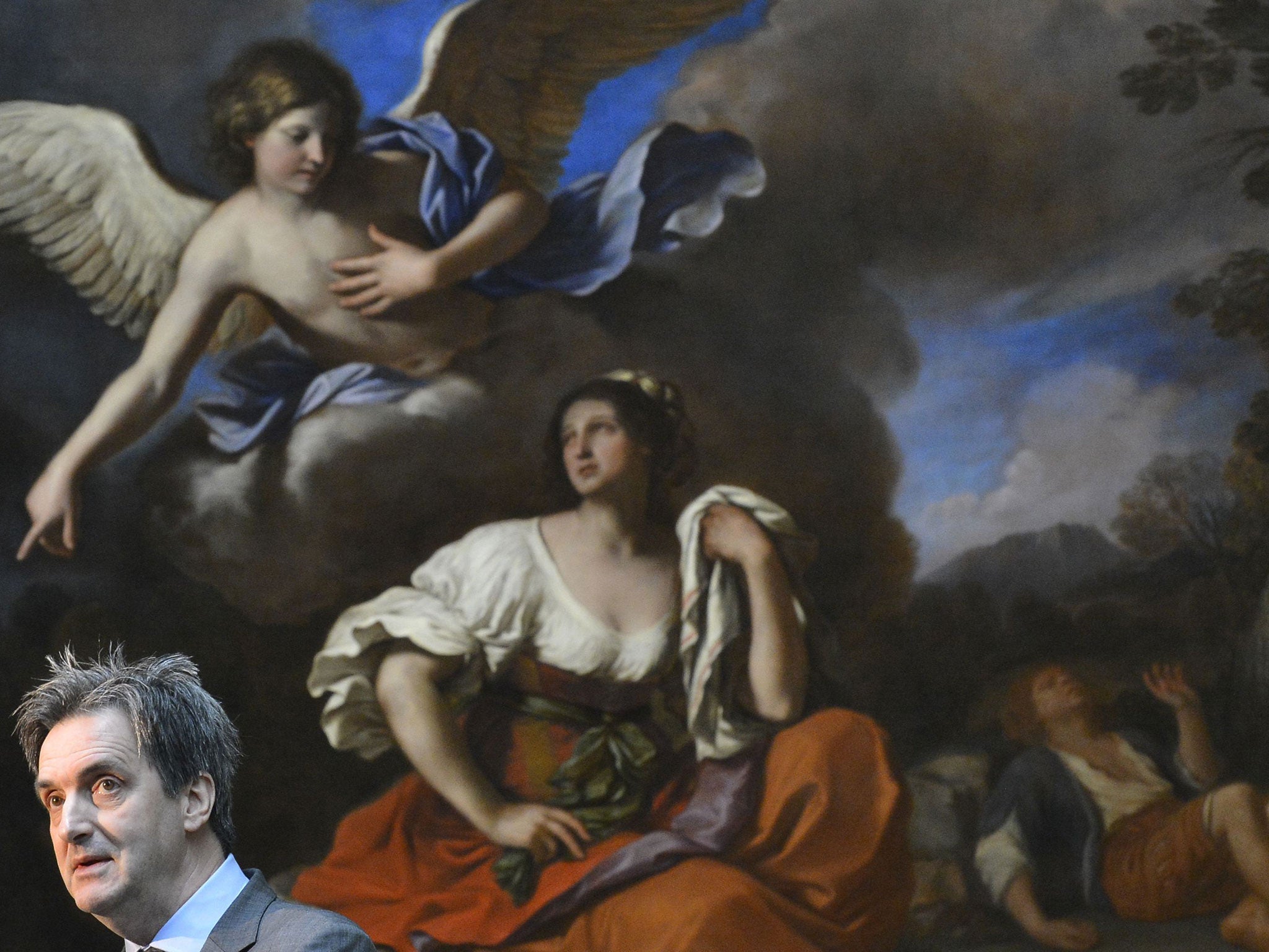 Nicholas Penny speaks in front of 'The Angel appears to Hagal and Ishmael' painted by Guercino