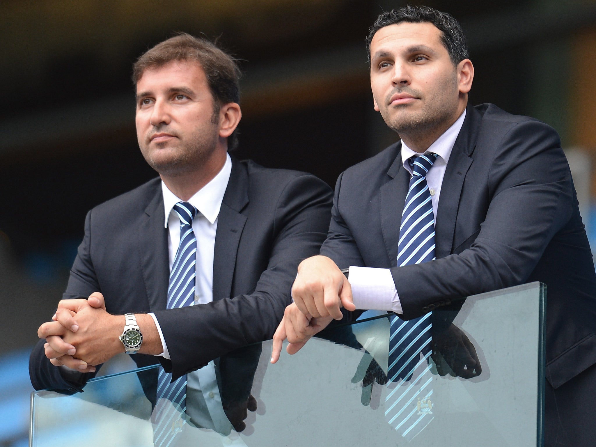 Ferran Soriano (left) with City chairman Khaldoon Al Mubarak