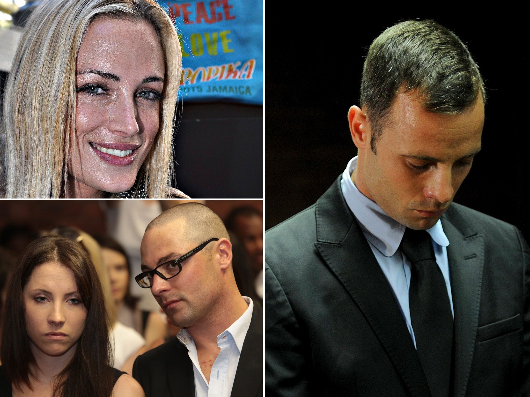 Clockwise from left: Reeva Steenkamp; Oscar Pistorius in court; Amee Pistorius and Carl Pistorius, sister and brother of South African of Oscar Pistorius sit in the gallery of Pretoria magistrates court