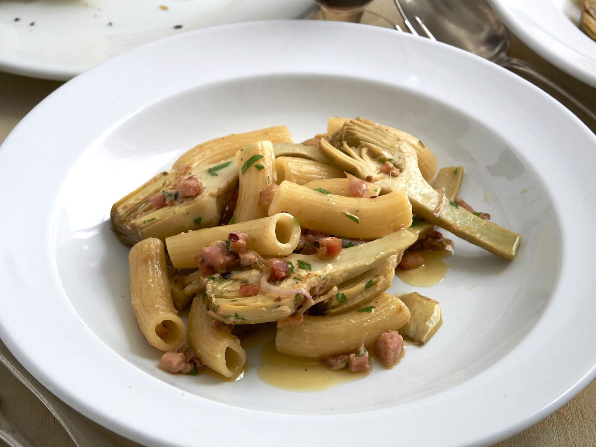 Rigatoni with artichokes, anchovies and bacon by Neil Perry