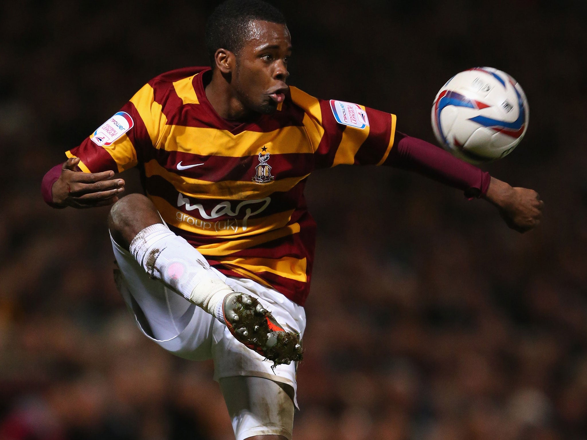 Zavon Hines controls the ball during the semi-final first leg against Aston Villa
