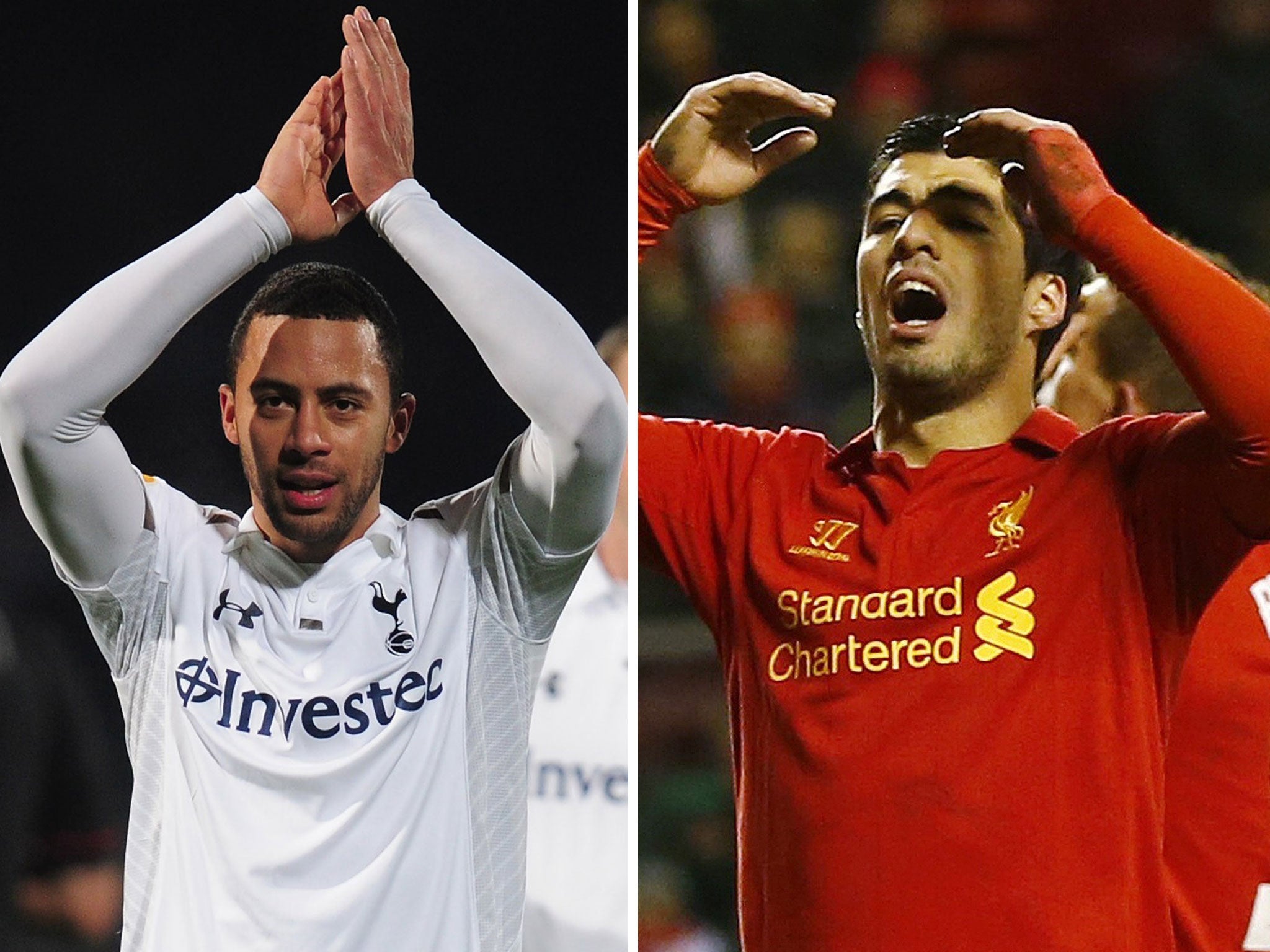 Mousa Dembélé enjoys Spurs’ late victory (left) but Liverpool’s Luis Suarez can’t hide his pain