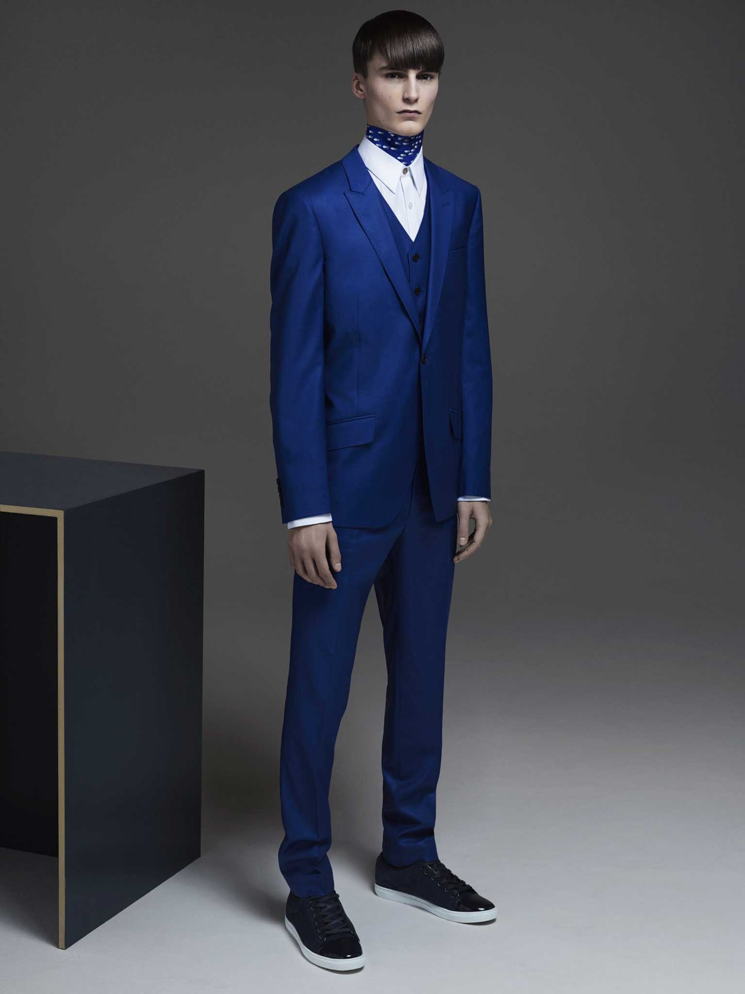 Topman's new Lux collection is a modern eveningwear range featuring this cobalt three-piece alongside everything from bomber jackets to document holders. Launches 7 March, topman.com