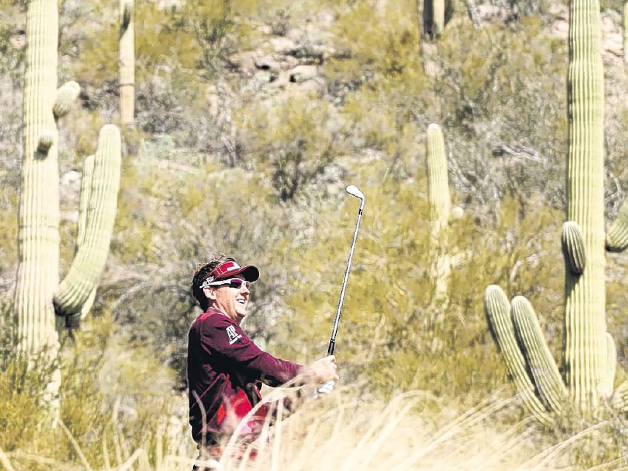 Wild west: Ian Poulter avoids the Arizona cactae with his tee shot on the 12th hole during his narrow second-round victory over American Bo Van Pelt