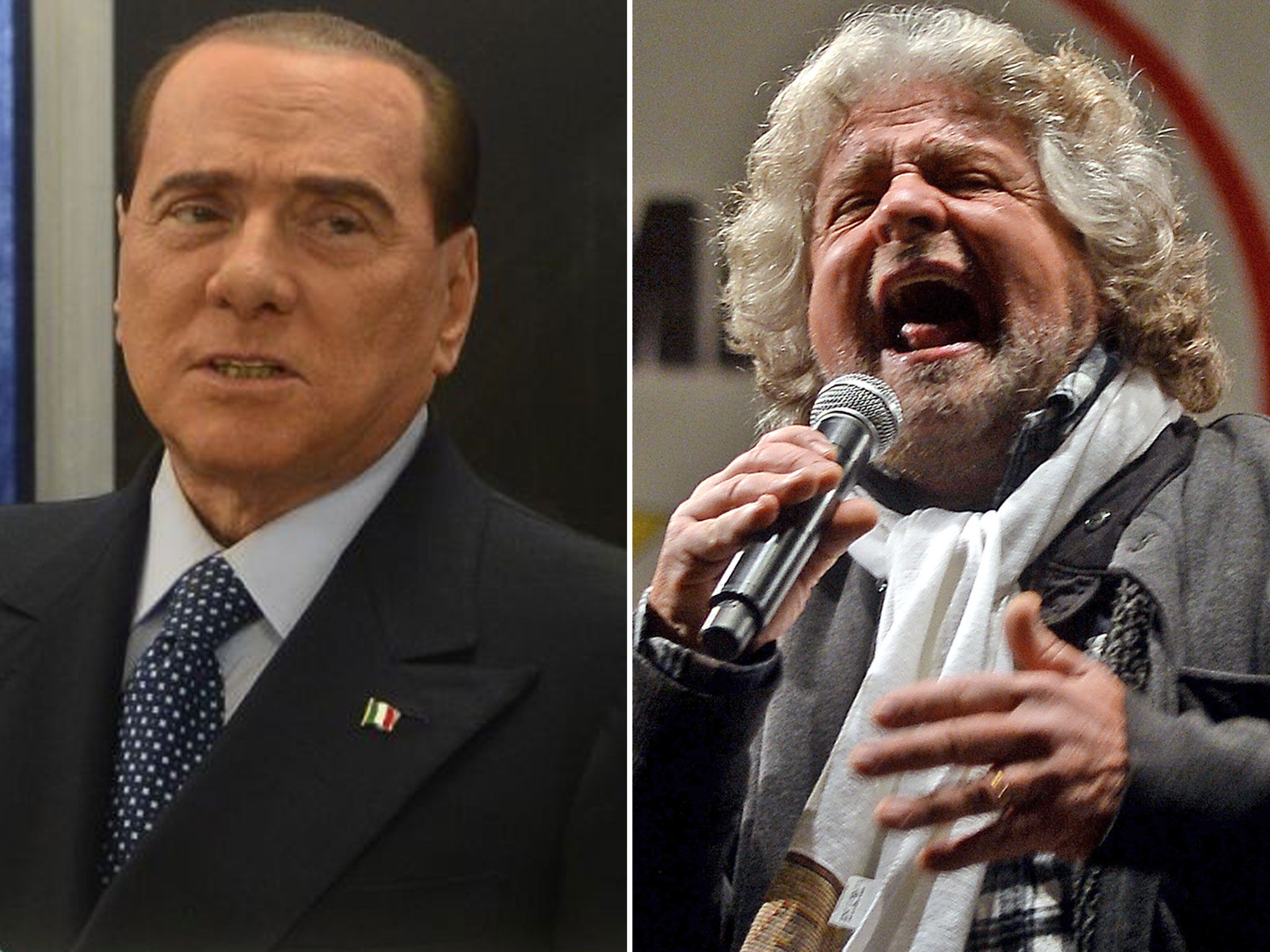 Support for Berlusconi and comedian Beppe Grillo, right, raises chances of indecisive result