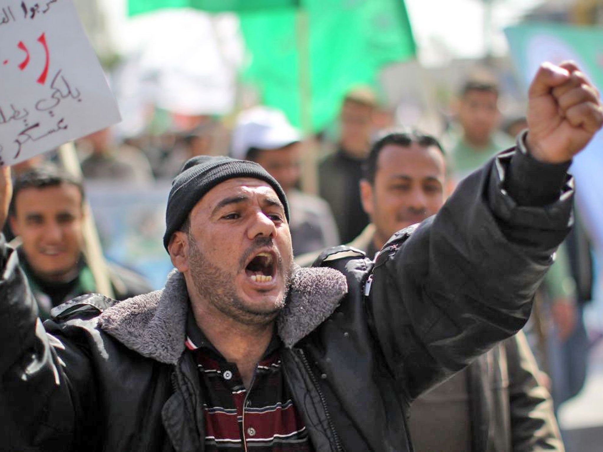 A Palestinian protester in Gaza City yesterday