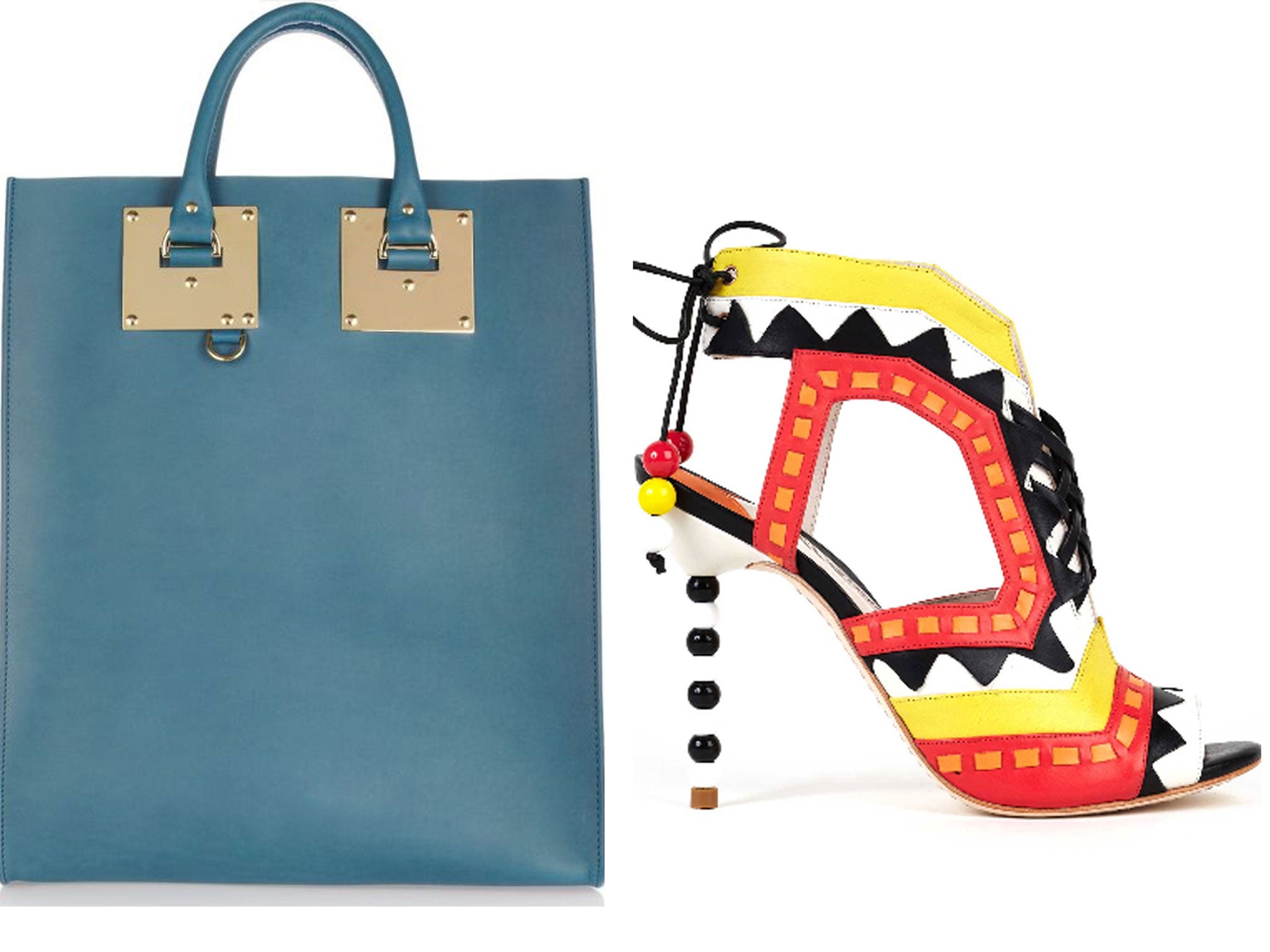 Sophie Hulme hadnbag, left, and Sophia Webster shoe design, right