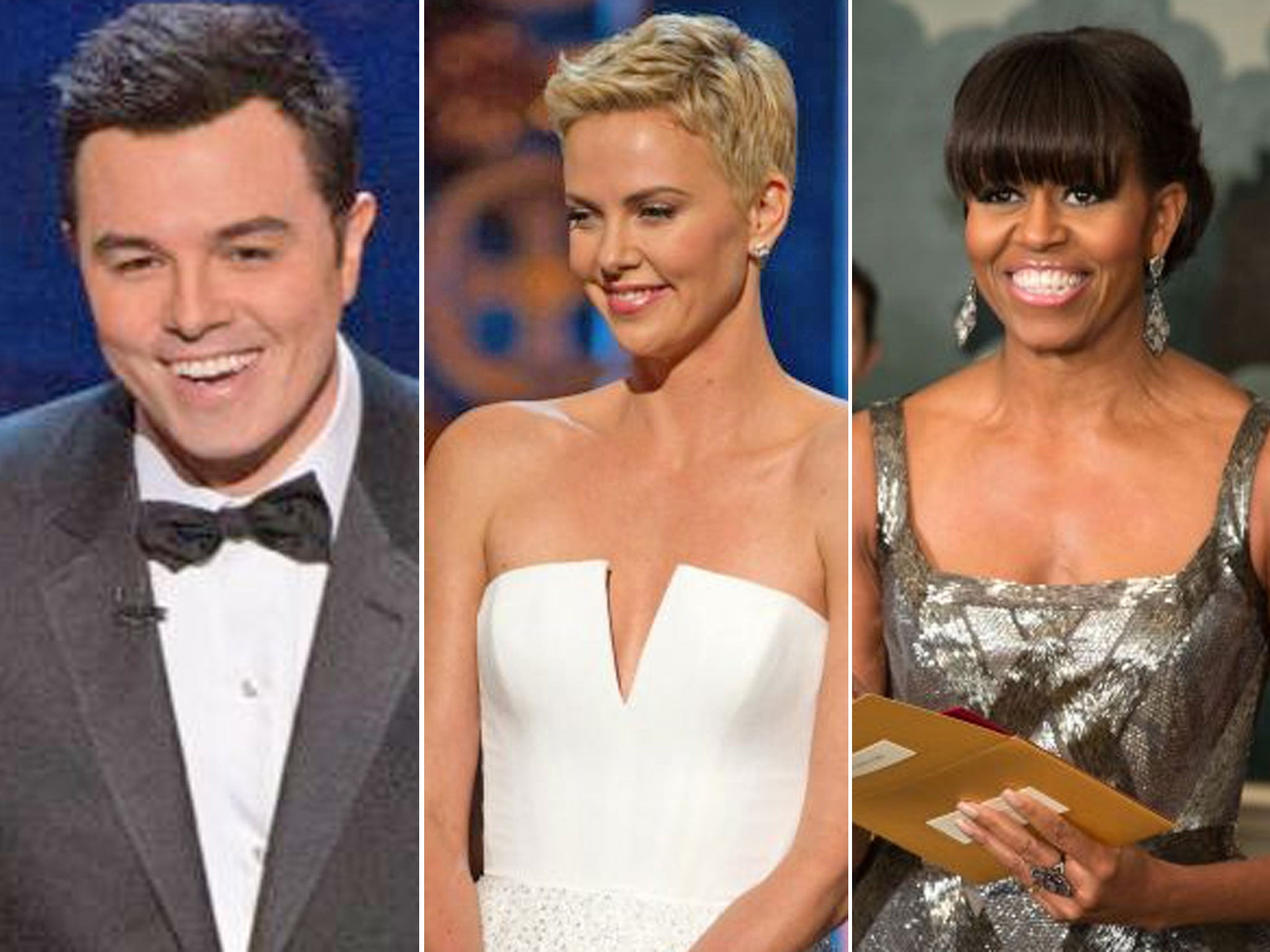 From left: Host of the Oscars Seth MacFarlane, Charlize Theron’s wonderful eye-rolling at the evening and Michelle
Obama announcing that Argo had won Best Picture