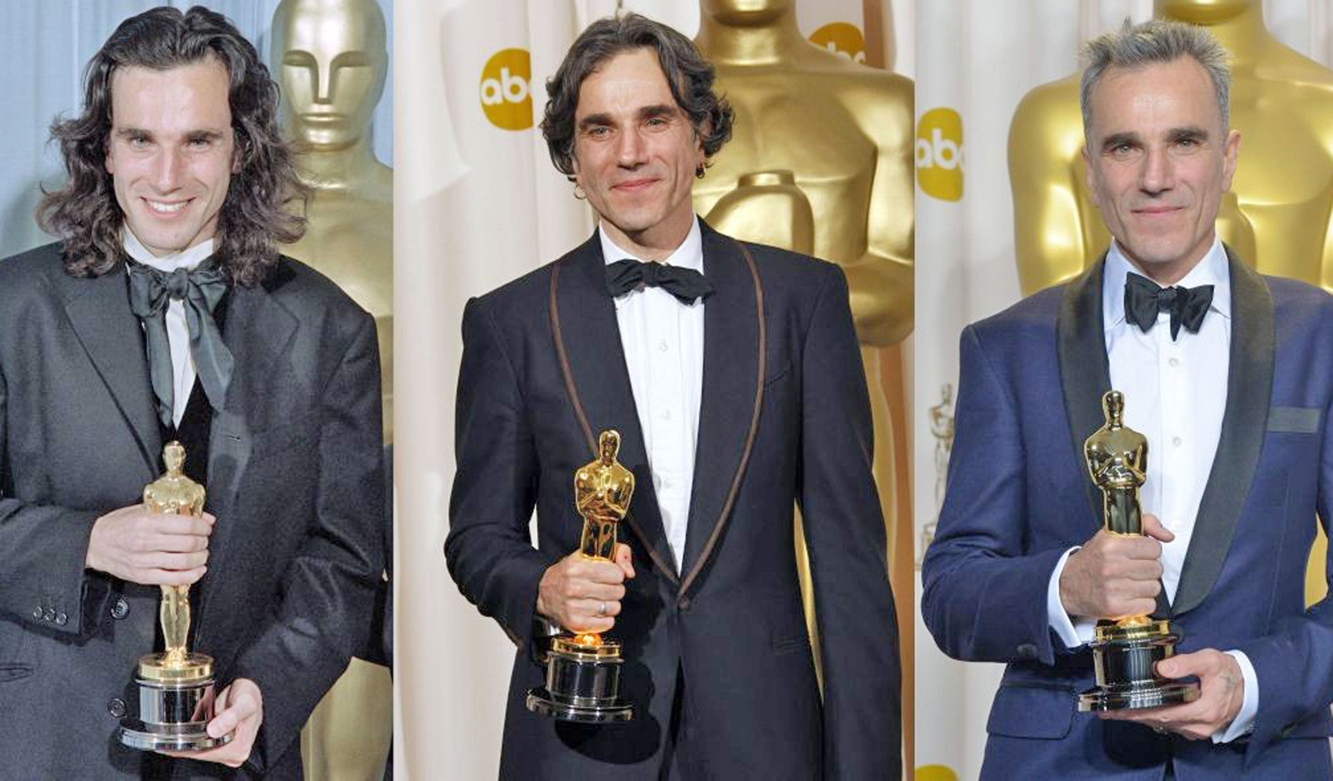 From left: Daniel Day Lewis wins Award for My Left Foot (1990), There Will Be Blood (2008) and Lincoln (2013)