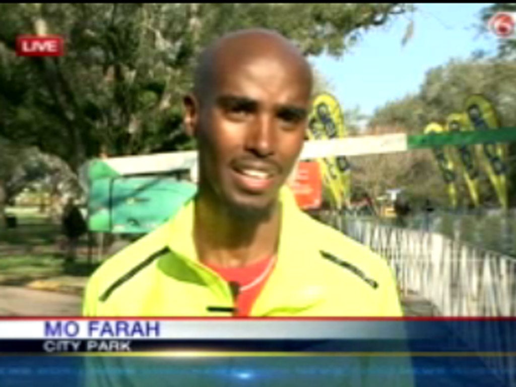 Mo Farah is interviewed after winning the New Orleans half marathon