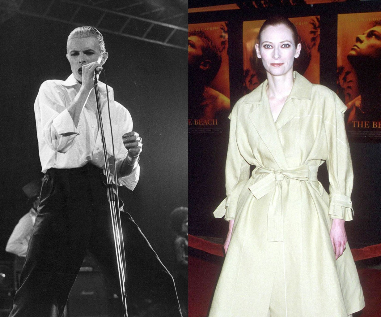David Bowie performing in 1976; Tilda Swinton at The Beach premiere in 2000