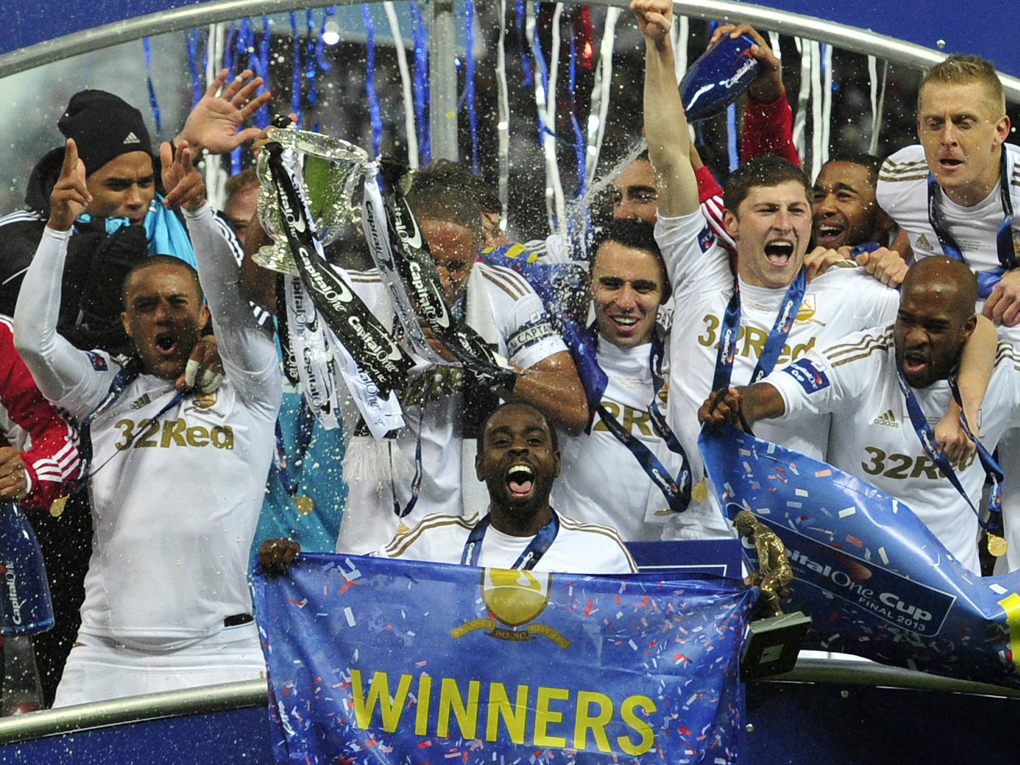 Swansea celebrate with the club's first ever major trophy