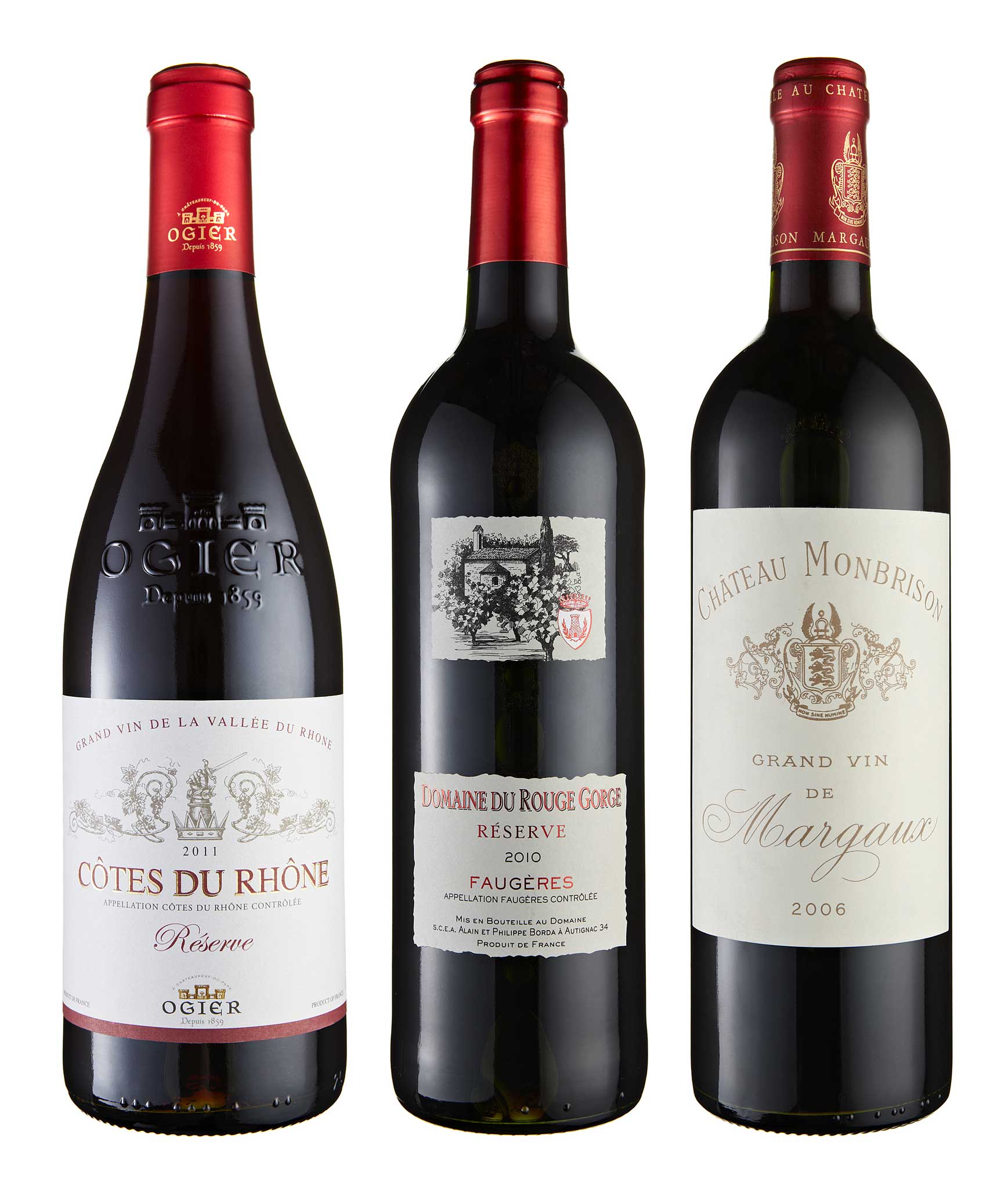 2011 Côtes du Rhône Réserve, Ogier, 2010 Domaine du Rouge Gorge Faugères, 2006 Château Monbrison, Cru Bourgeois Supérieur, Margaux