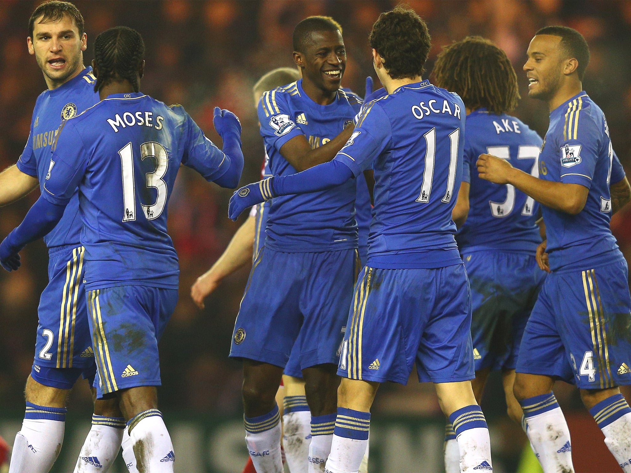 Chelsea players congratulate Ramires after he opened the scoring
