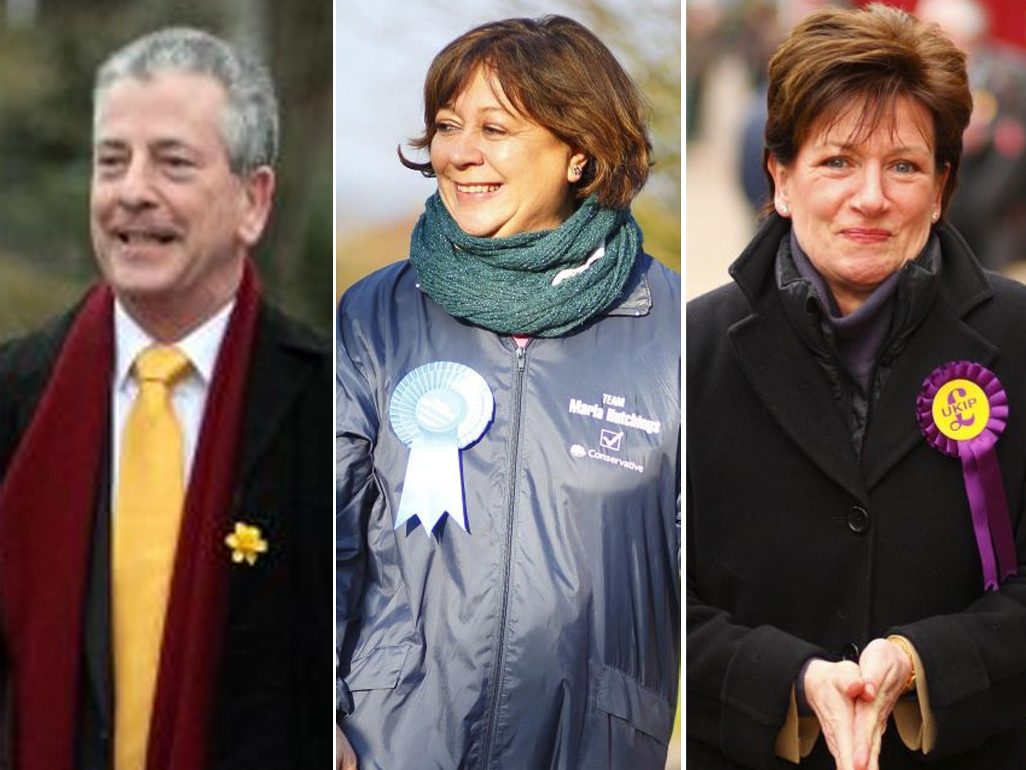 Liberal Democrat candidate Mike Thornton (left), Conservative candidate Maria Hutchings and Ukip candidate Diane James all on the trail at Eastleigh