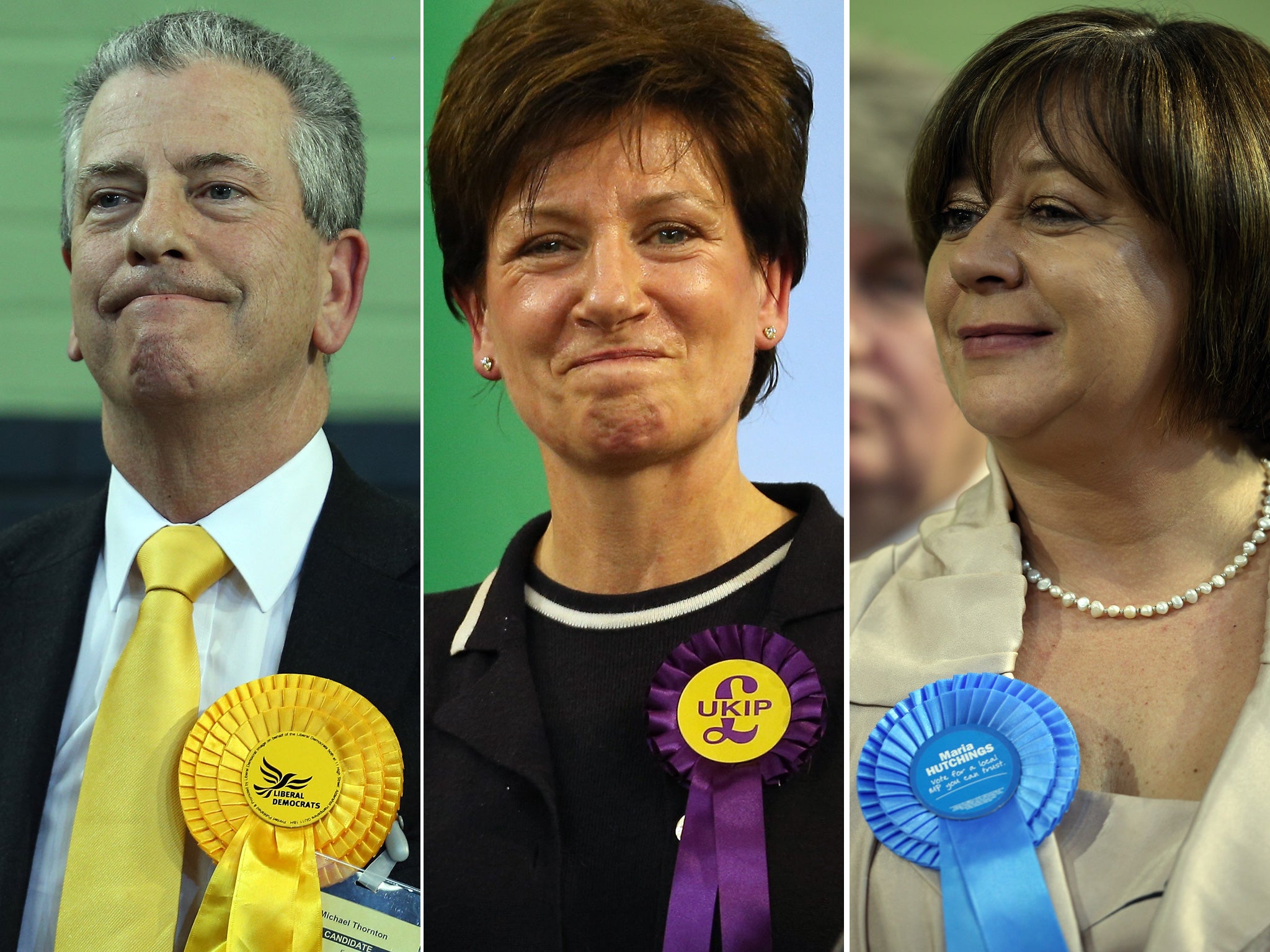 1, 2, 3: Liberal Democrat candidate Mike Thornton (left) celebrates his win at the Eastleigh by-election; Ukip candidate Diana James celebrates beating the Conservatives; Conservative candidate Maria Hutchings listens to the declaration