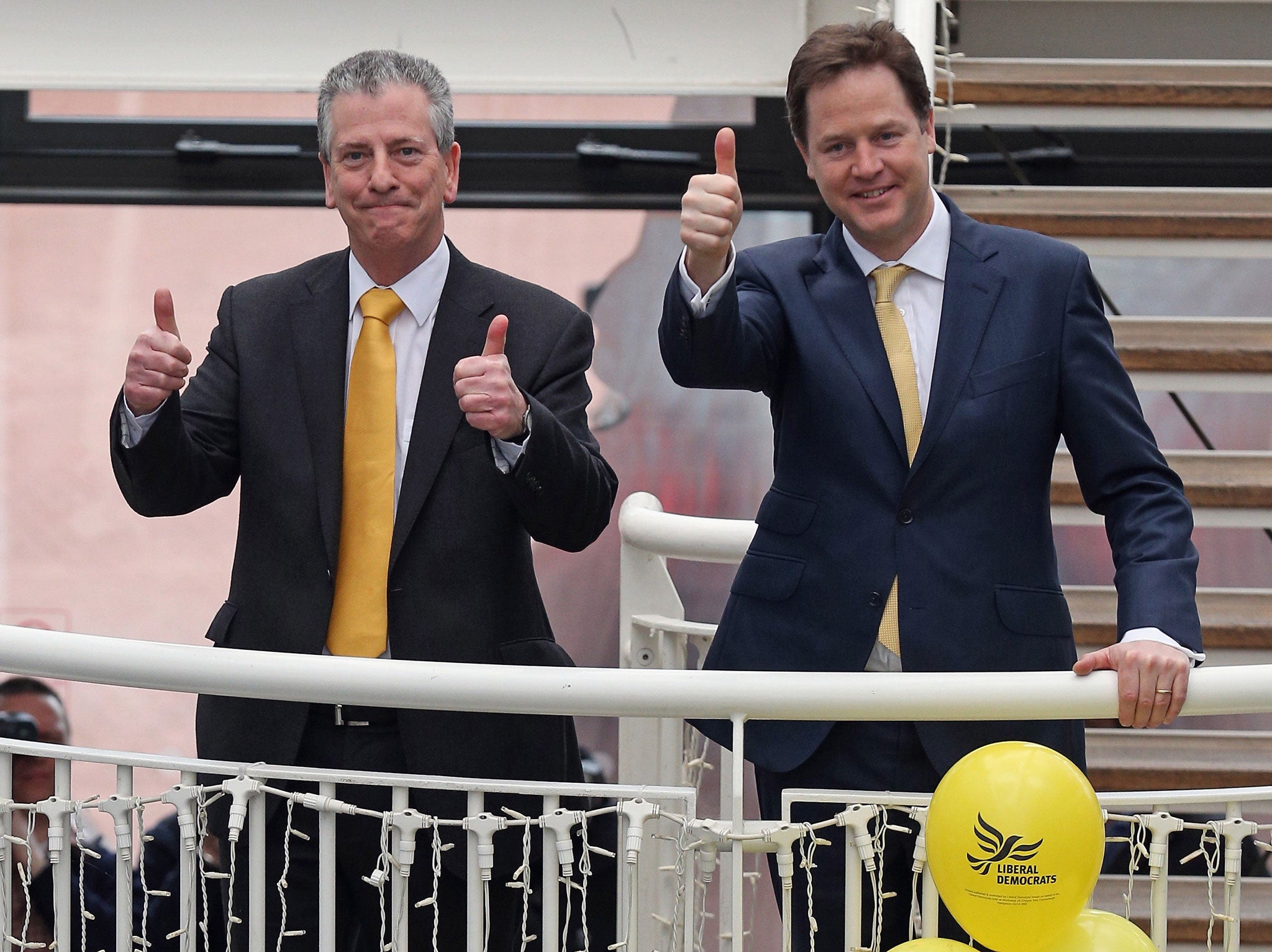 Thumbs up! Lib Dem candidate Mike Thornton and leader Nick Clegg the morning after victory in Eastleigh