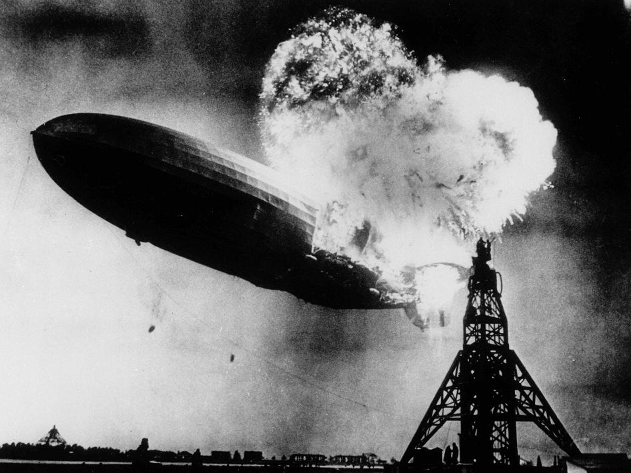 The moment the Hindenburg suffered the first of three explosions over the Lakehurst naval air station in New Jersey on 6 May 1937. Thirty-six people, including one ground crew, were killed