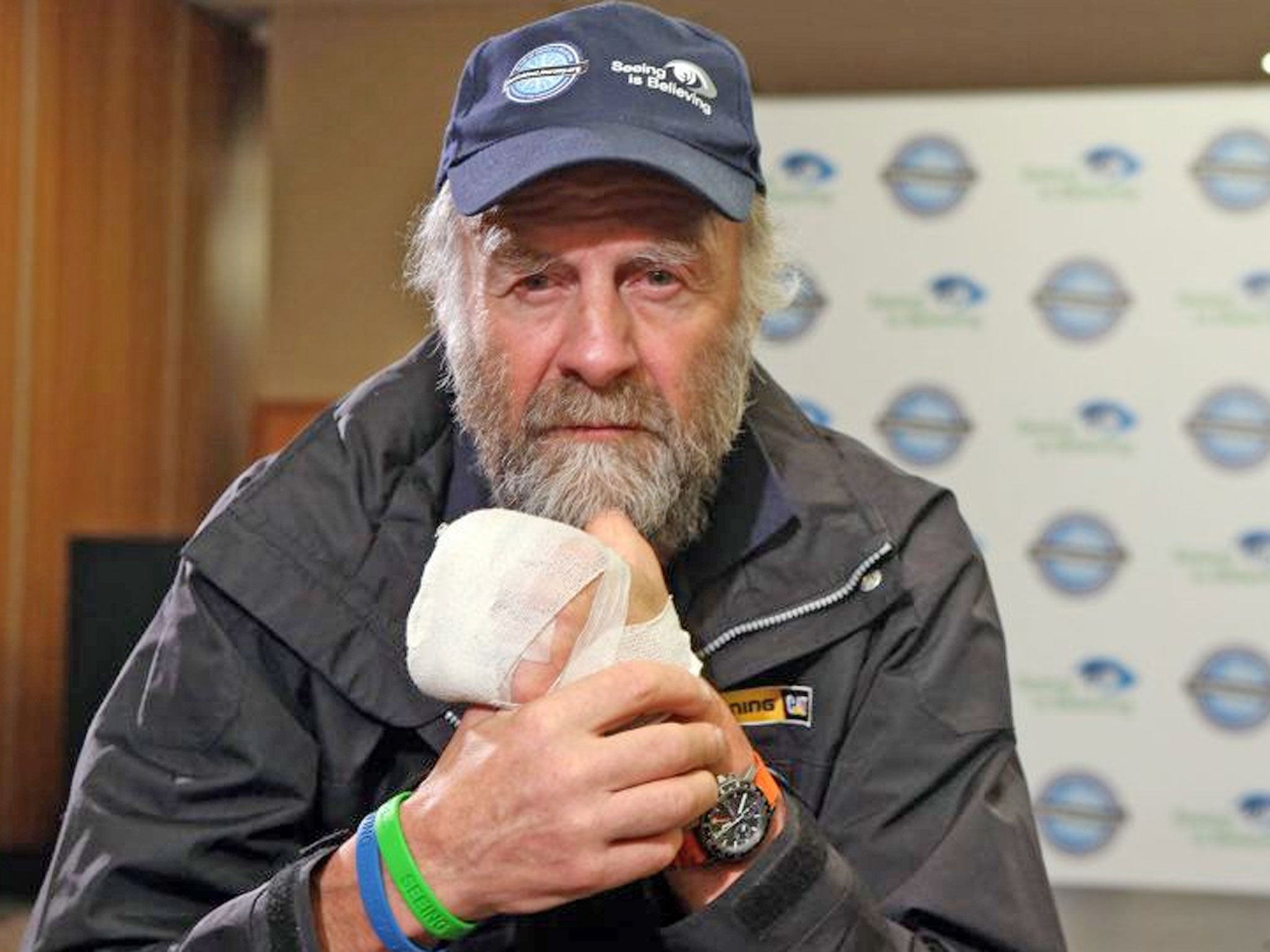 Sir Ranulph Fiennes speaks to the media during a press conference at the Sofitel Hotel at Heathrow Airport, London after he was forced to pull out of an expedition across Antarctica because of frostbite