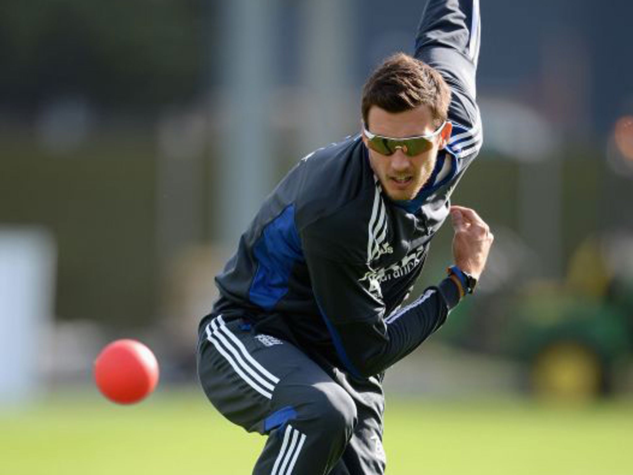 Steve Finn warming up during an England net session in Dunedin yesterday