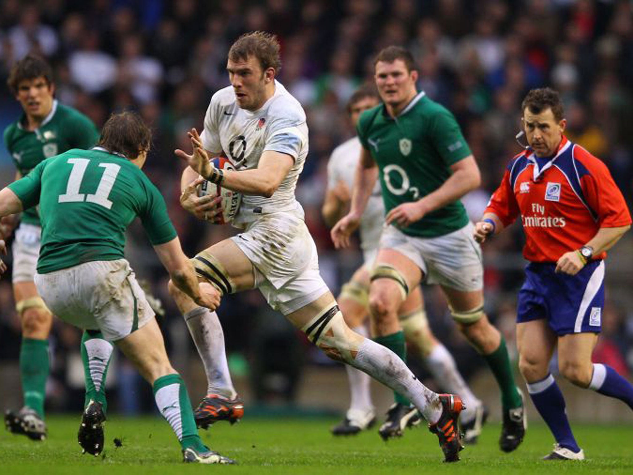 Tom Croft powers forward for England against Ireland last year