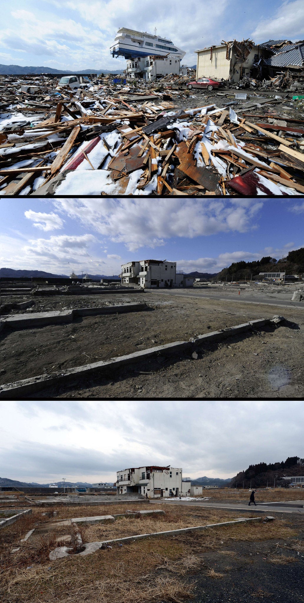 From top to bottom: A catamaran sightseeing boat washed by the tsunami onto a two-storey tourist home in Otsuchi, Iwate prefecture on April 16, 2011, the same area on January 16, 2012 and then nearly two years later on February 18, 2013