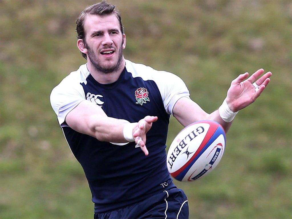 Tom Croft passes the ball at Pennyhill Park yesterday