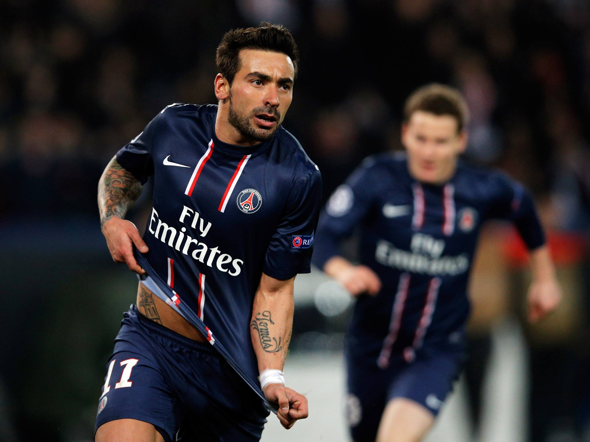 PSG's Ezequeil Lavezzi celebrates his goal against Valencia in the Champions League