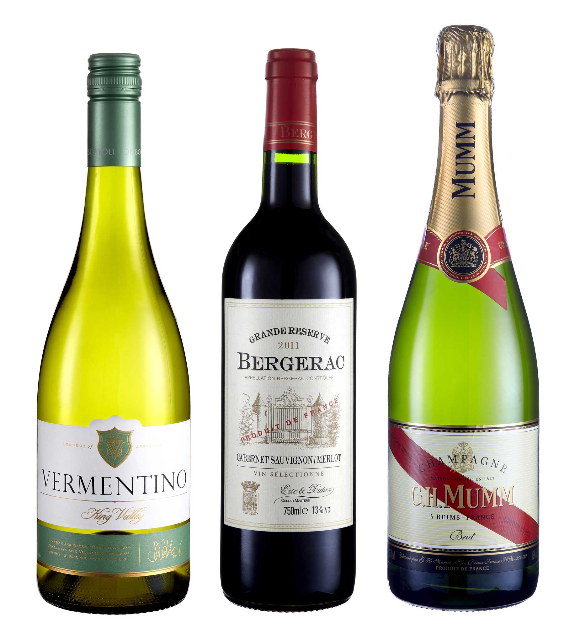 GH Mumm Cordon Rouge NV, Grande Reserve Bergerac Cabernet Sauvignon Merlot 2011 and King Valley Vermentino 2012