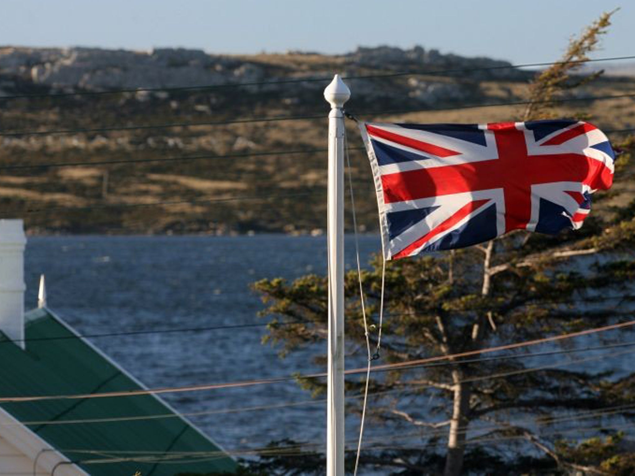 A Union Flag flies above Port Stanley