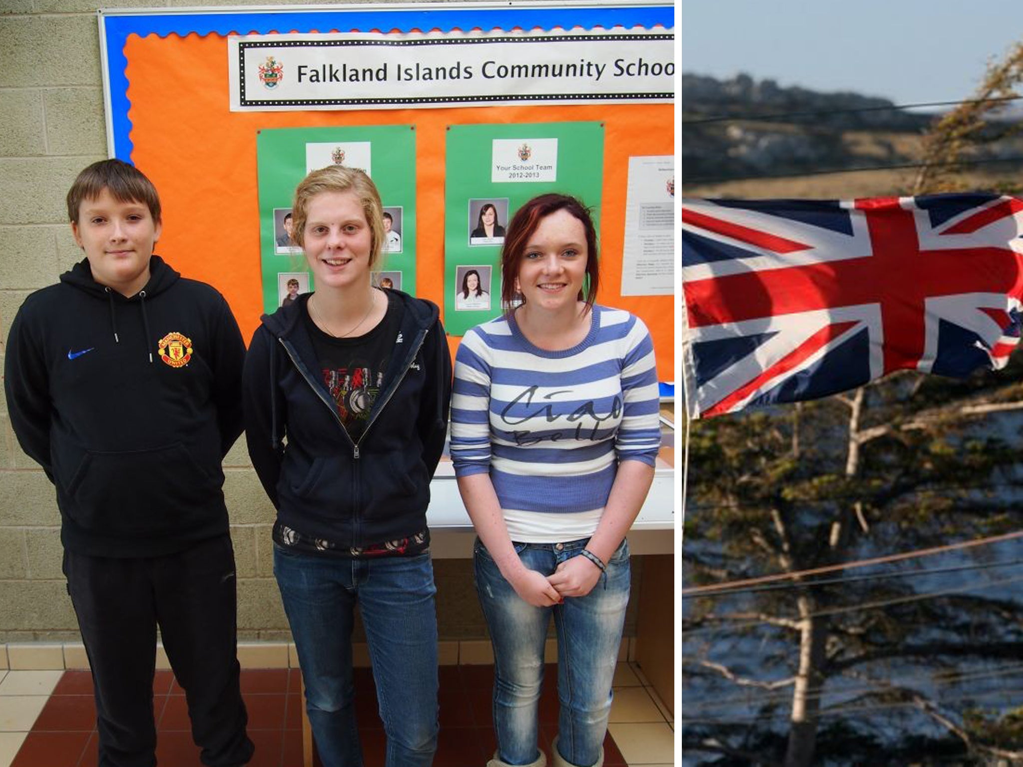 Falkland Islands Community School pupils Matthew Hansen, 13, Sorrel Pompert Robertson, 15, and Louise Williams, 13; a Union Flag flying in Port Stanley