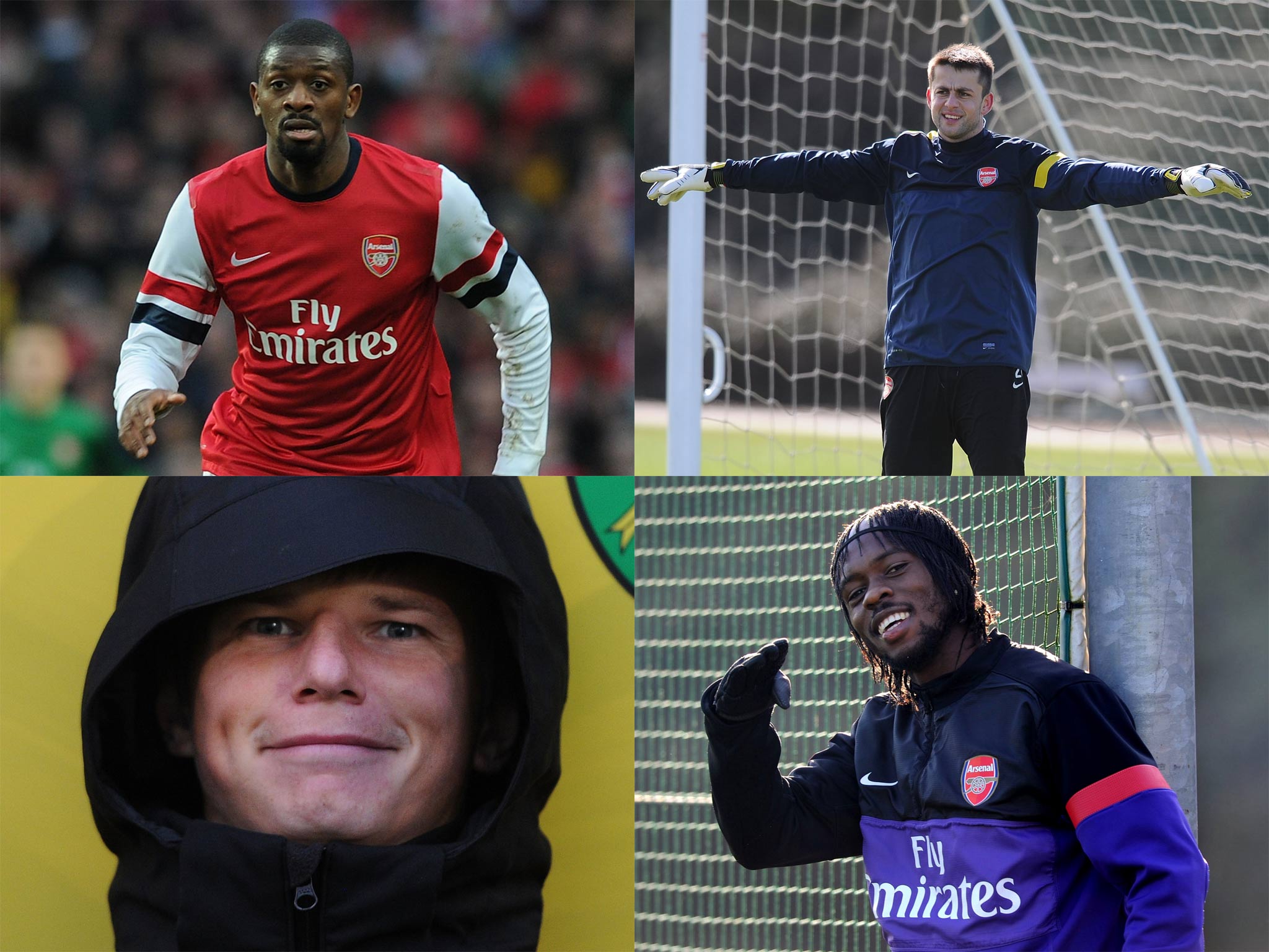 Clockwise from top left: Abou Diaby, Lukasz Fabianski, Gervinho and Andre Arshavin