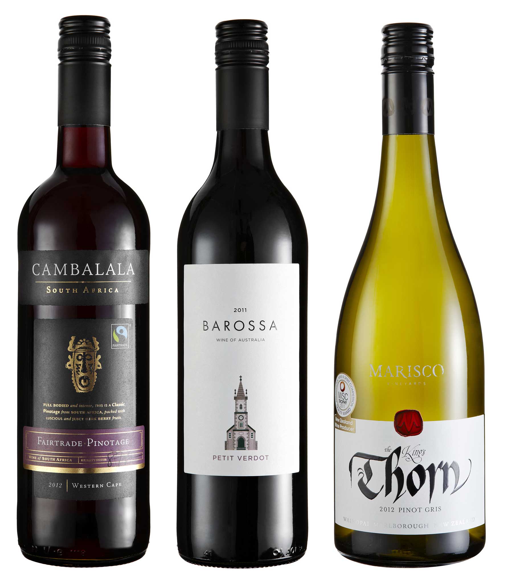 Marisco King's Thorn Marlborough Pinot Gris 2012, Barossa Petit Verdot 2011, Cambalala Fairtrade Pinotage 2012