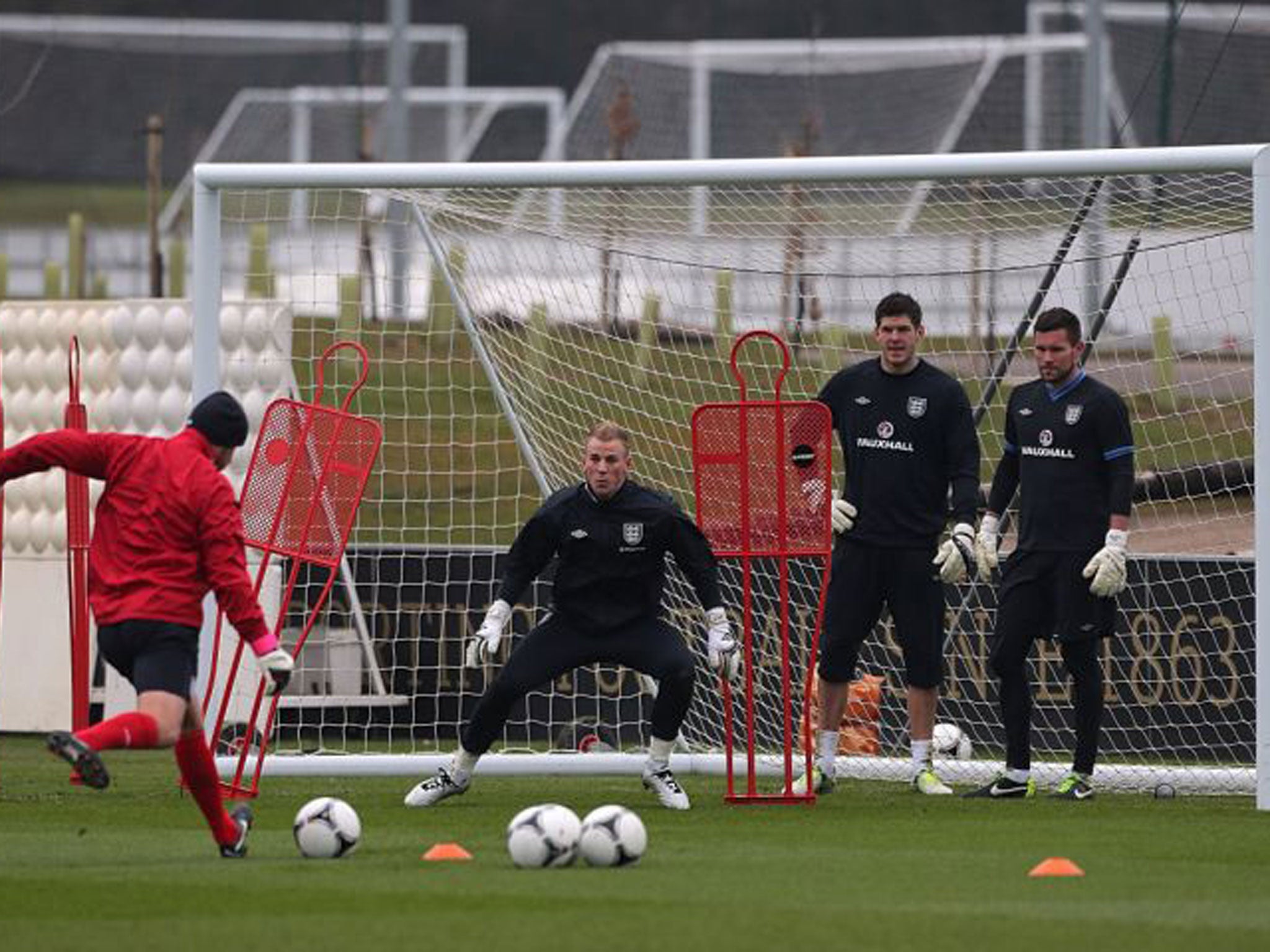 England’s goalkeepers Joe Hart (left), Fraser Forster and Ben Foster during training yesterday