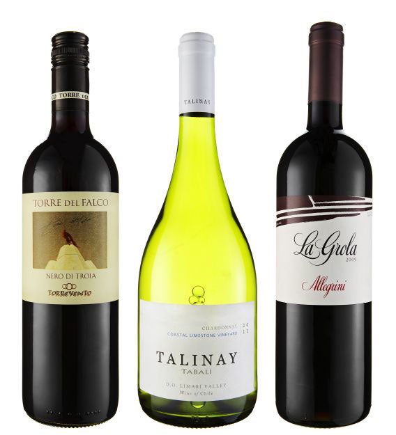 2010 Torre del Falco Nero di Troia, Puglia; 2011 Talinay Chardonnay, Limarí Valley, Chile; 2009 La Grola, Allegrini, Veneto