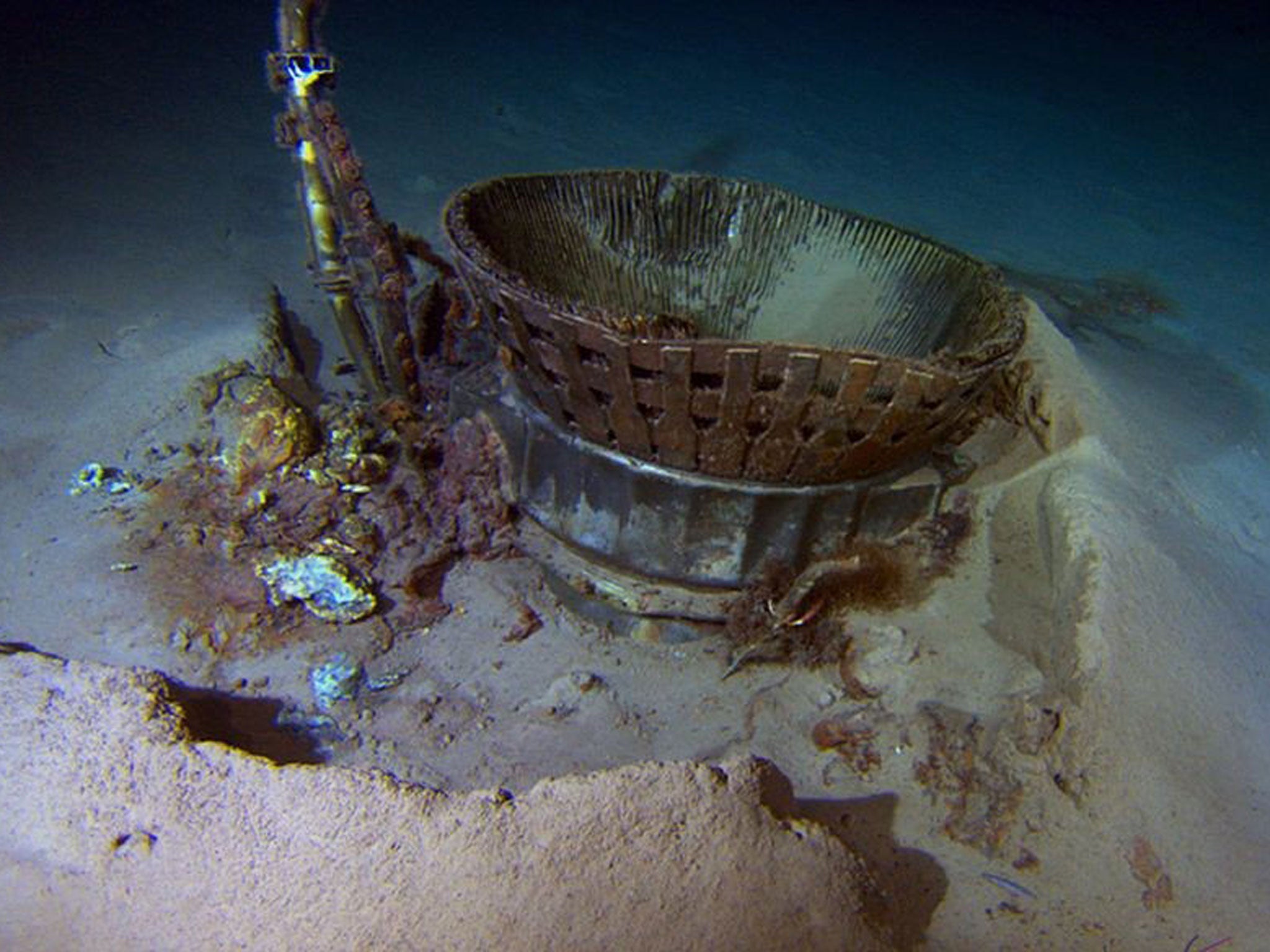 A thrust chamber from an Apollo F-1 engine is seen in this undated handout photo from Bezos Expeditions