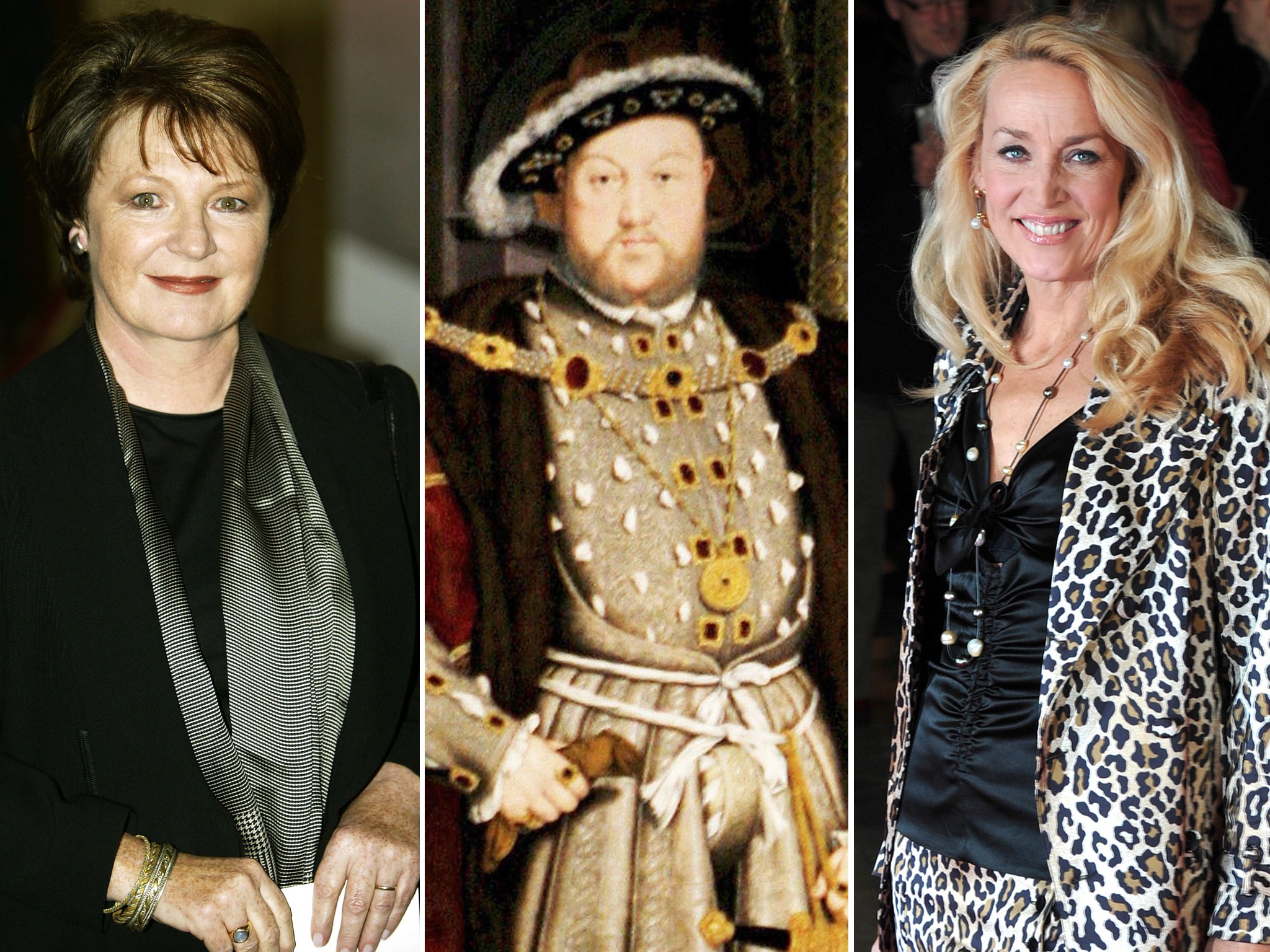 Henry VIII, centre, and 'wives' Delia Smith, left, and Jerry Hall