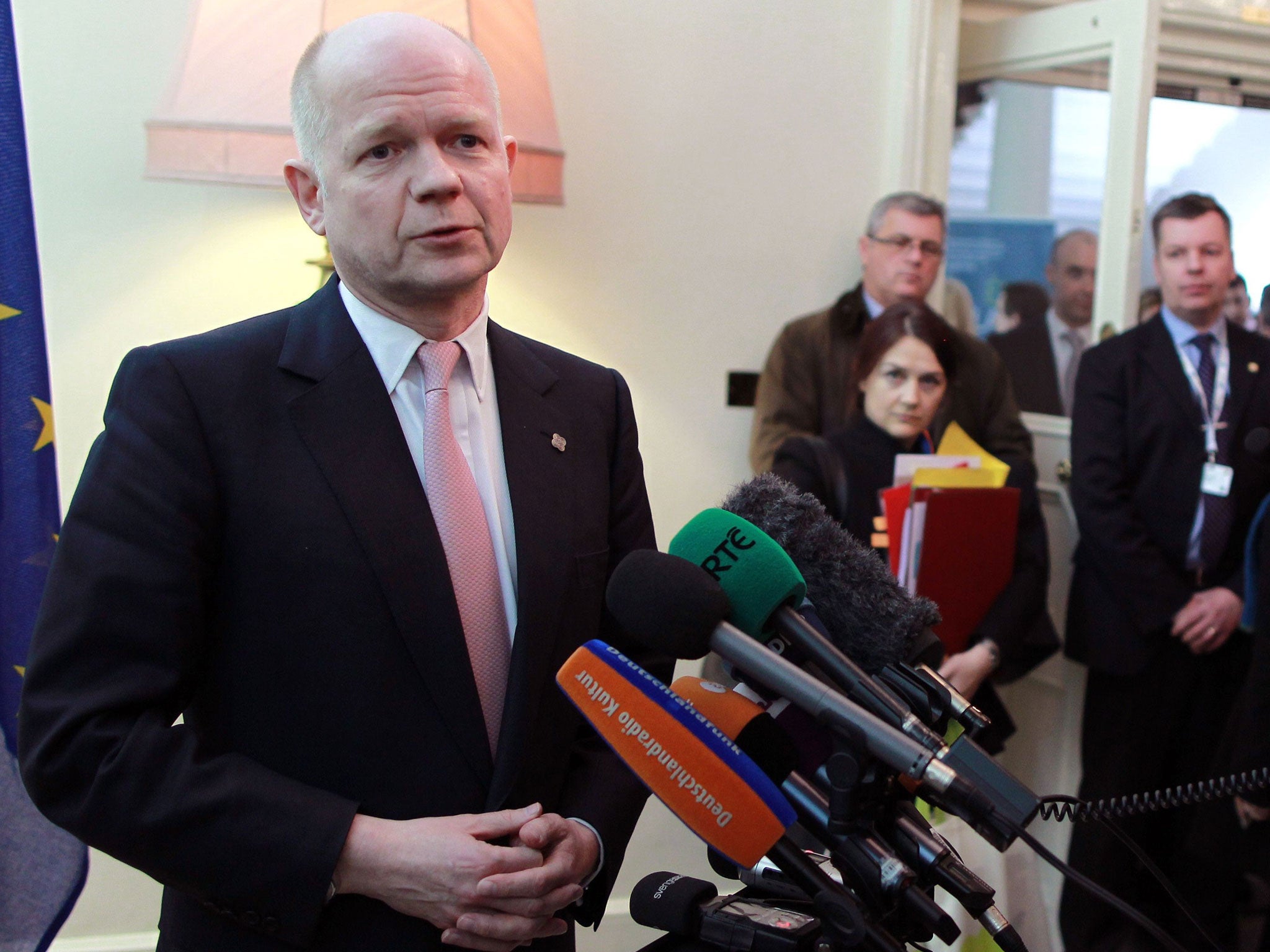 Foreign Minister William Hague speaks to the media as he departs the GYMNICH, an Informal Meeting of European Union Foreign Ministers at Dublin Castle