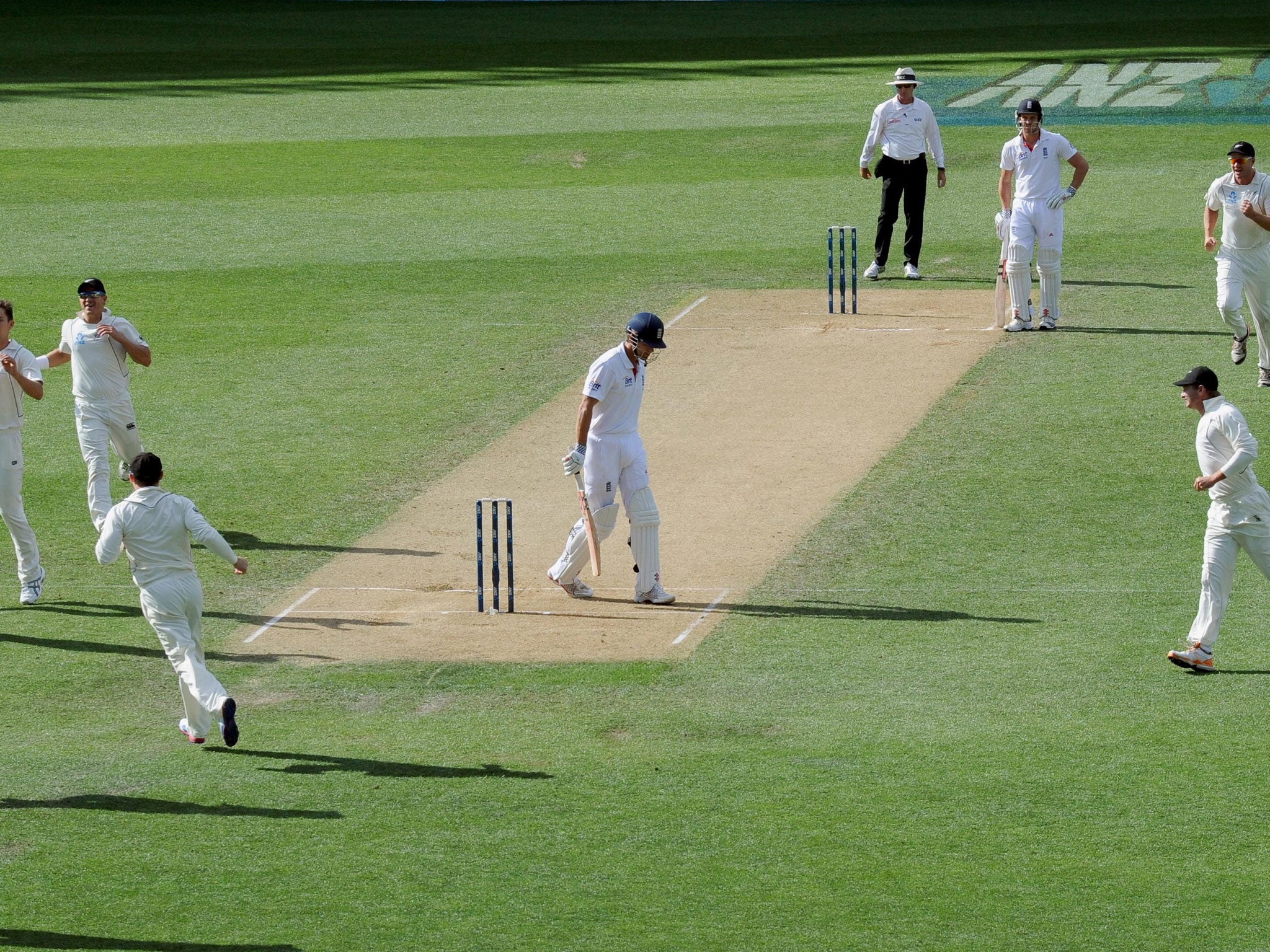 Boult from blue: England captain Alastair Cook is an early victim, caught behind off the bowling of Trent Boult