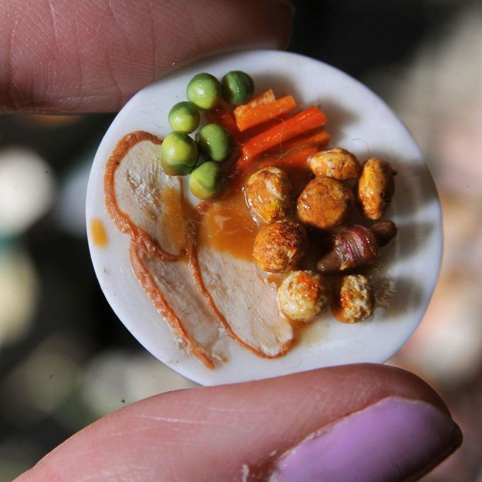 This miniature roast dinner is one of a number of small meals being shown at a Birmingham event for scale-modelling enthusiasts.