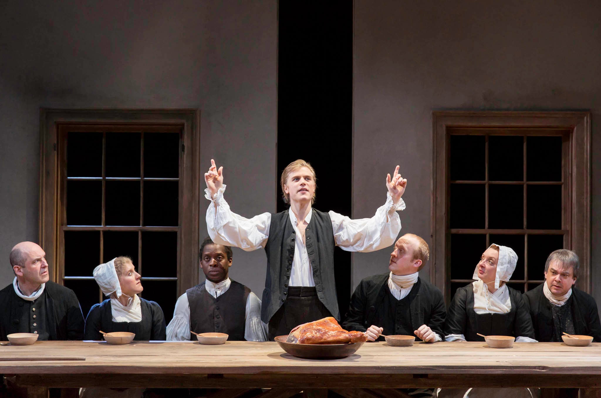 Johnny Flynn, centre, in The Low Road, Royal Court