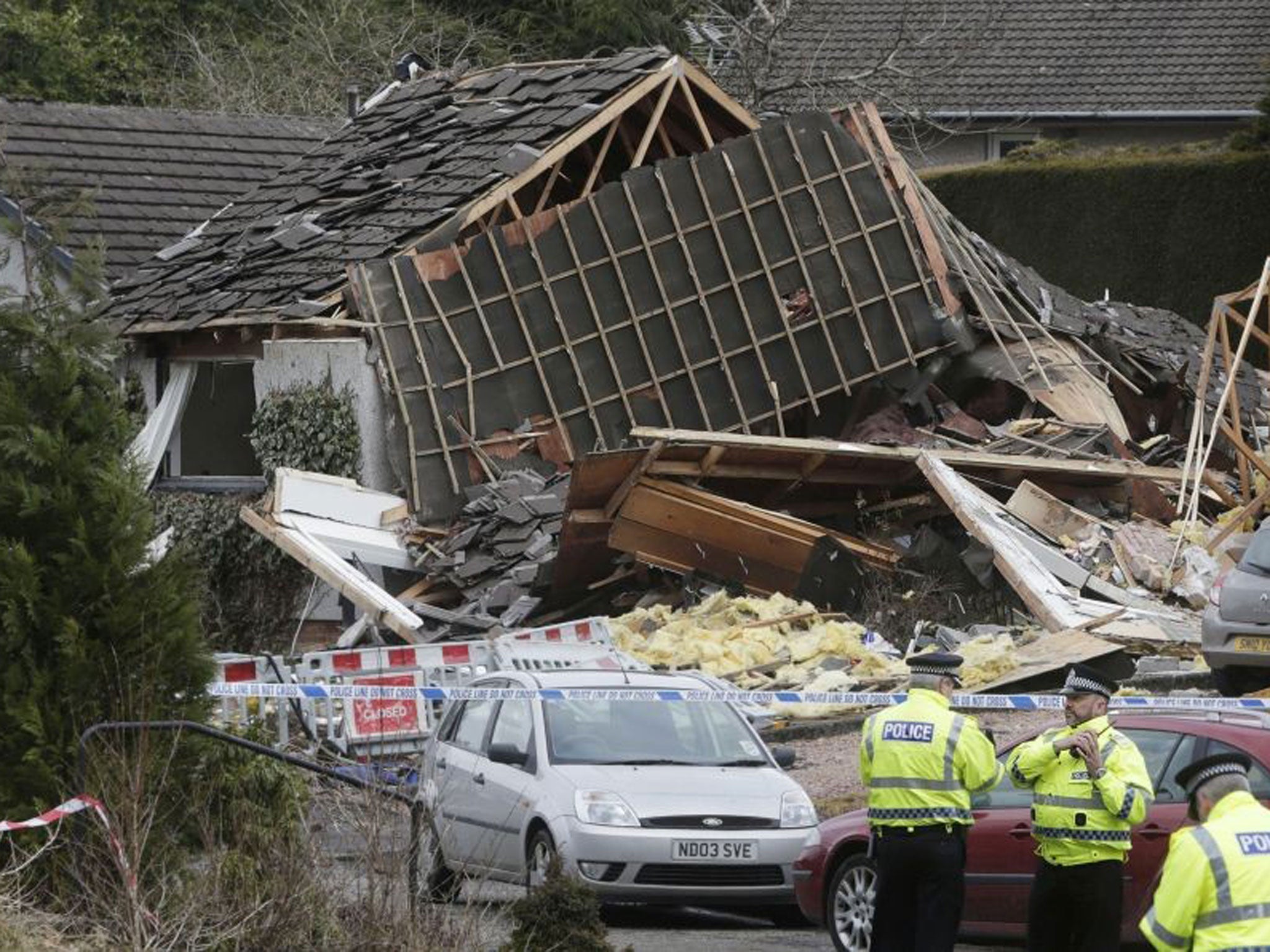 The scene following an explosion on Murdiston Avenue in Callander, near Stirling.