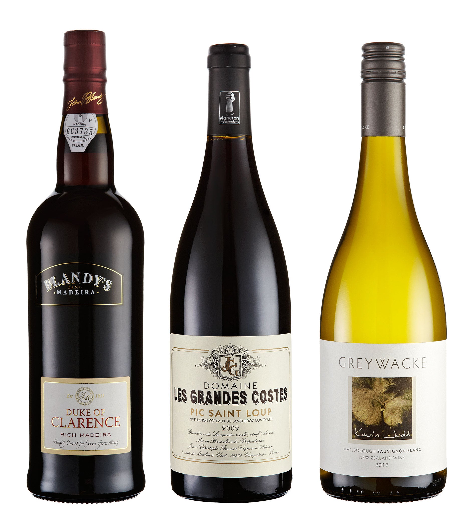 Greywacke Marlborough Sauvignon Blanc 2012, Domaine Les Grandes Costes Pic Saint Loup 2009, Blandys Duke of Clarence Madeira