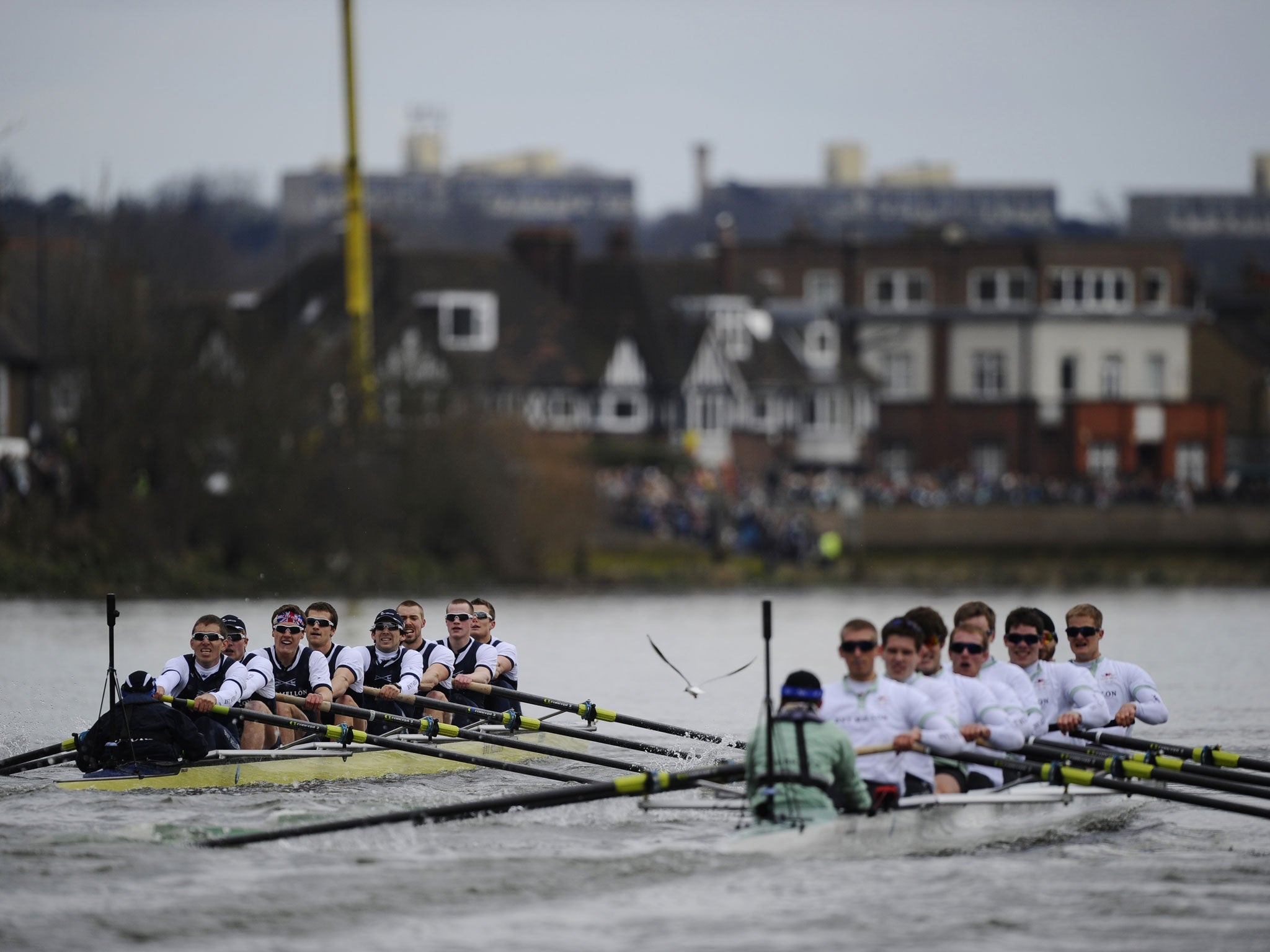 The Oxford University boat crew (L) competes against the Cambridge University crew during the annual boat race