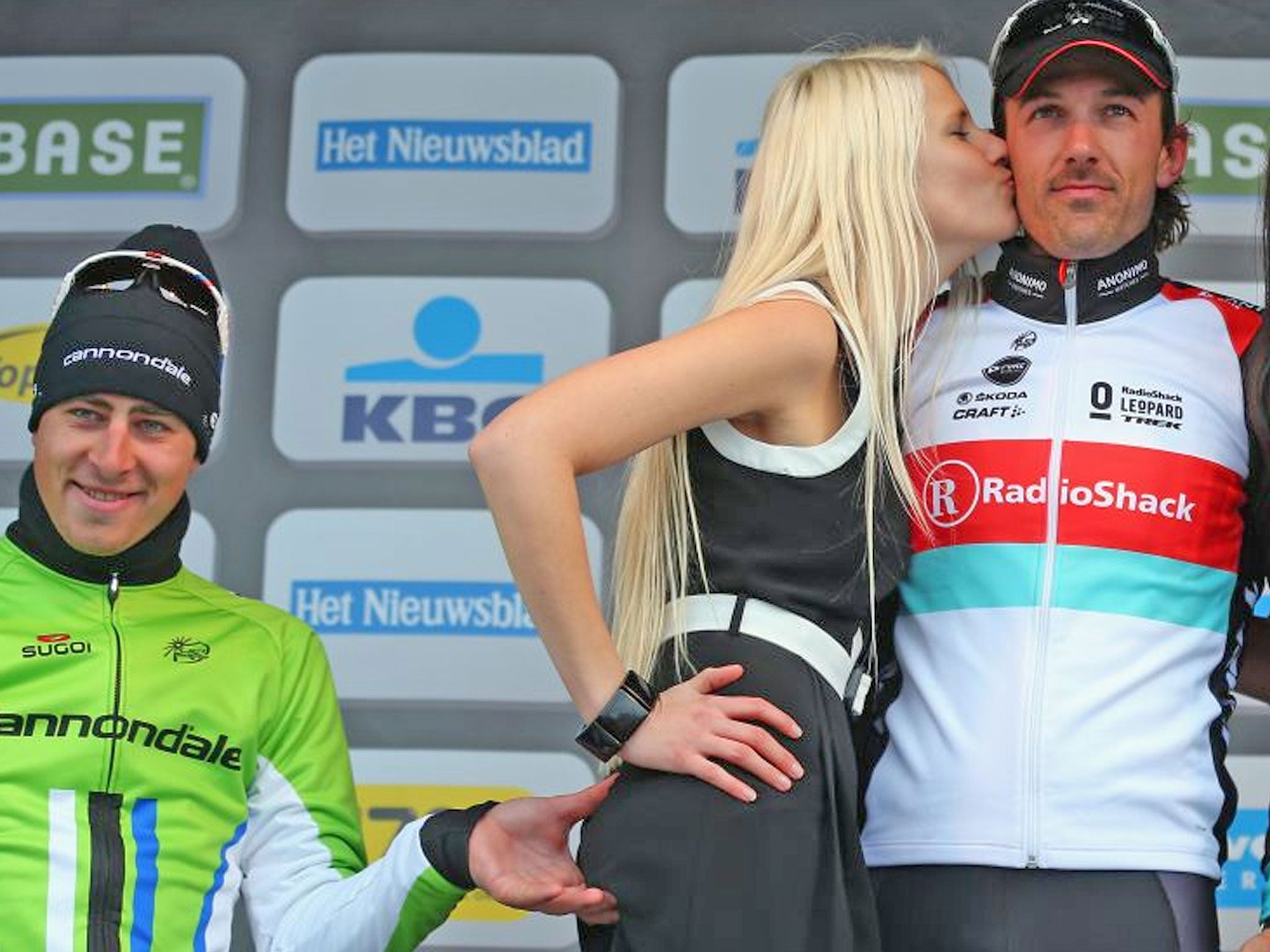 Slovakian cyclist Peter Sagan was caught pinching the bottom of a podium girl