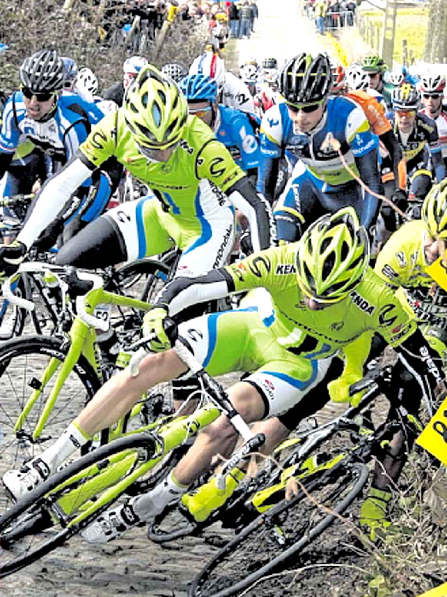 Riders become tangled up during the Tour of Flanders