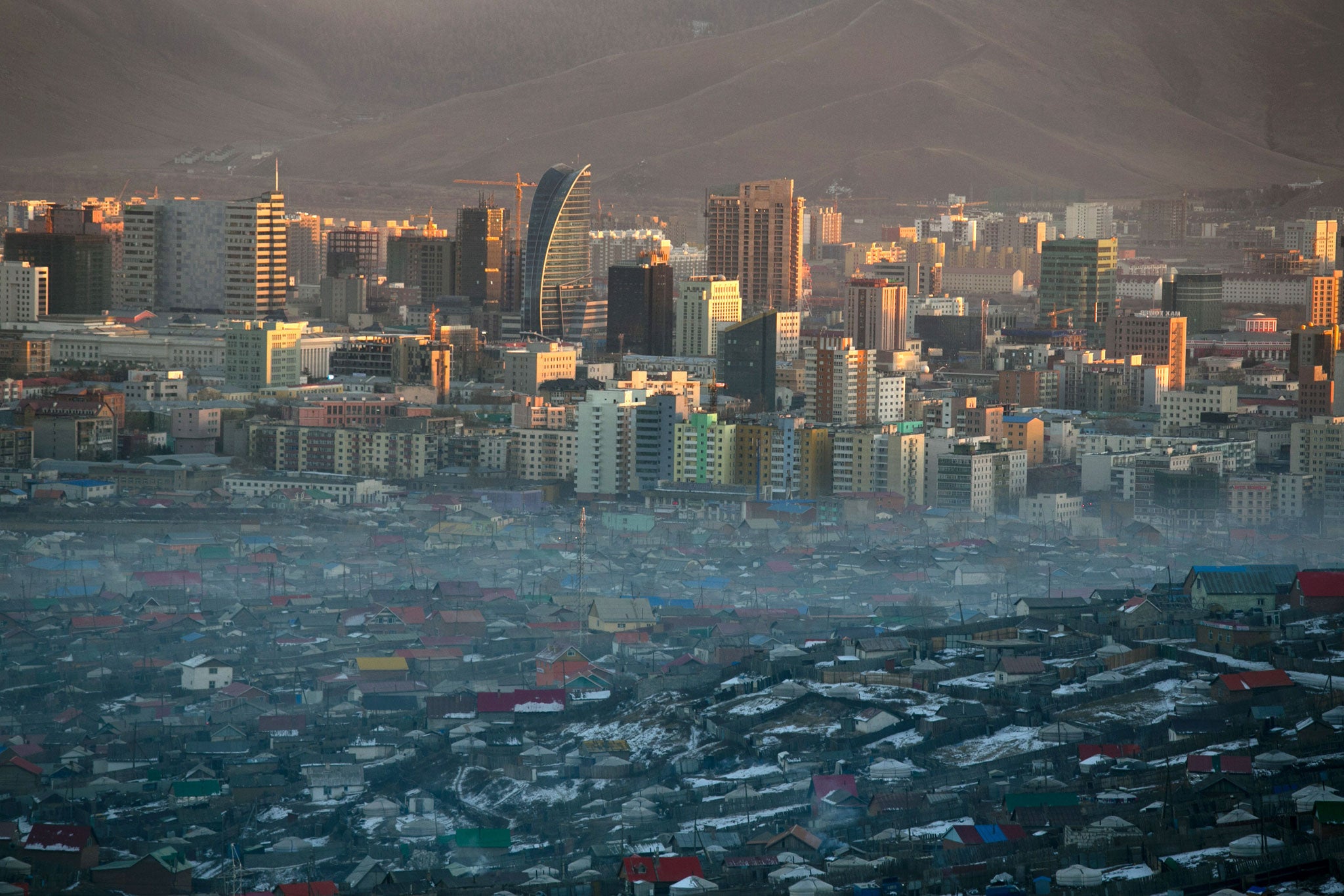 An overall view of the central business district as the Ger district continues to expand on October 22, 2012 in Ulaanbataar, Mongolia