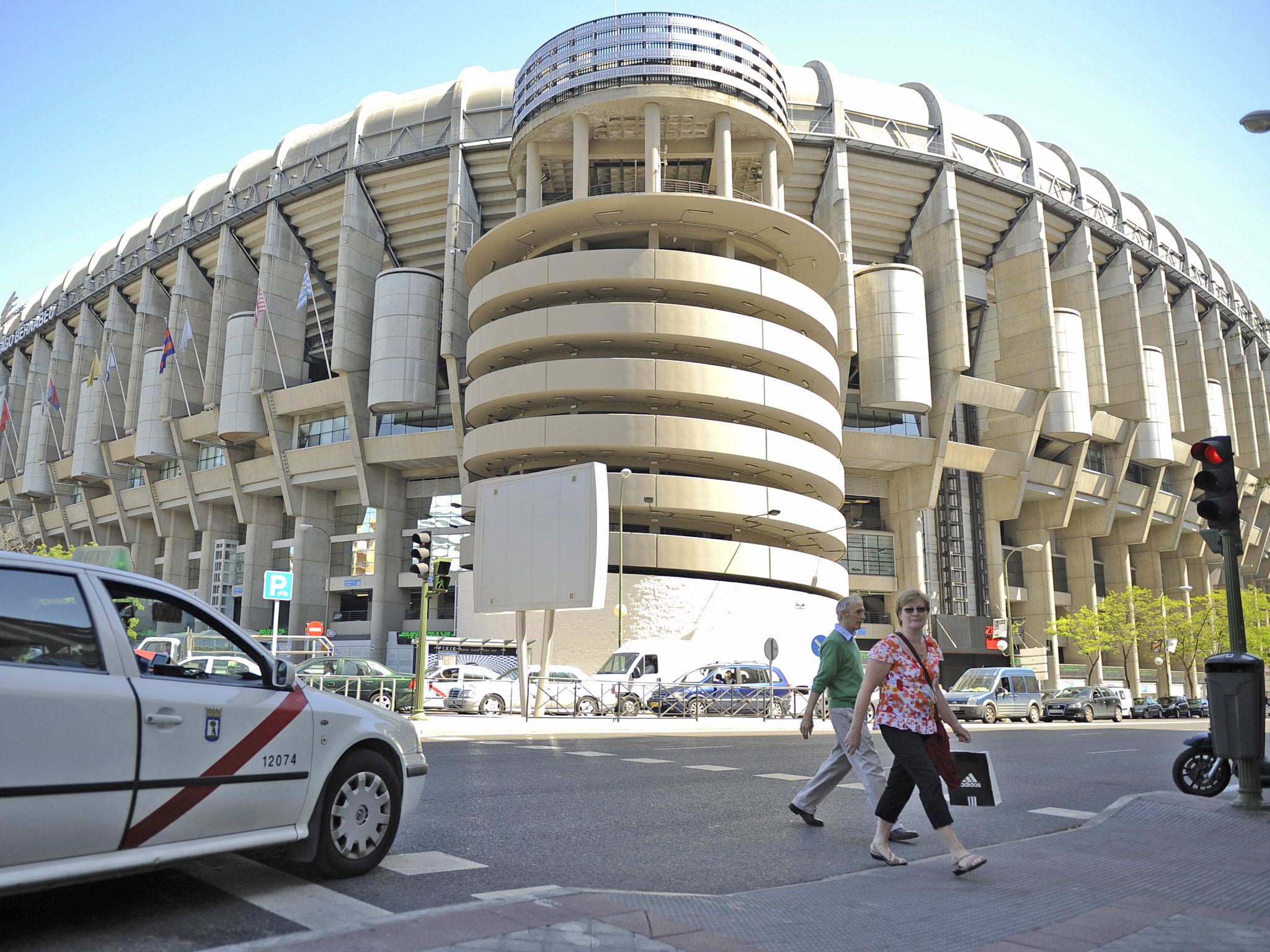 An exterior view of the Santiago Bernabeu stadium