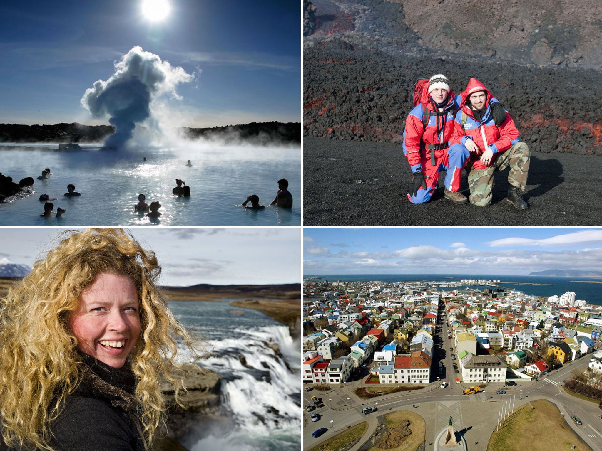 Clockwise from top left: the Blue Lagoon; Fimmvorduhals volcano; Reykjavik; Gullfoss waterfall