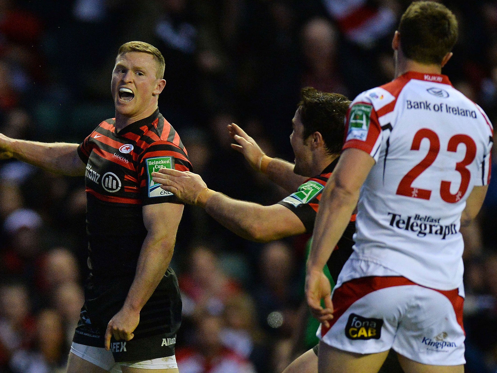 Point scorer: Chris Ashton of Saracens celebrates his try that clinched quarter-final victory in the Heineken Cup at Twickenham yesterday